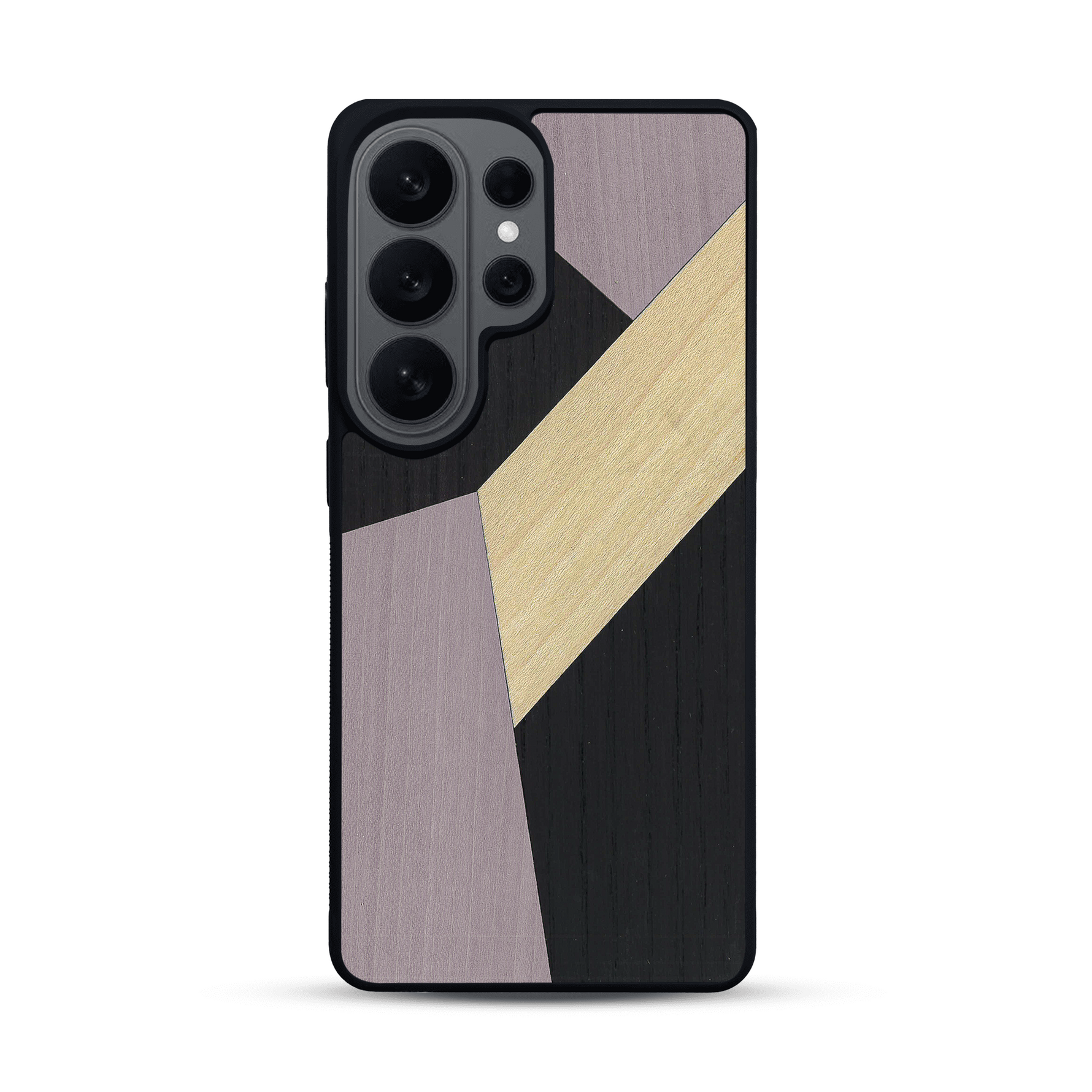 Coque de protection en bois véritable fabriquée en France pour  alliant du bambou, du tulipier mauve et noir en forme de mosaïque minimaliste sur le thème de l'art abstrait