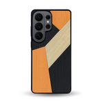Coque de protection en bois véritable fabriquée en France pour Samsung S26 Ultra alliant du bambou, du tulipier orange et noir en forme de mosaïque minimaliste sur le thème de l'art abstrait