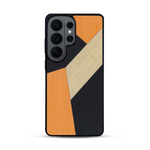 Coque de protection en bois véritable fabriquée en France pour  alliant du bambou, du tulipier orange et noir en forme de mosaïque minimaliste sur le thème de l'art abstrait