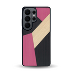 Coque de protection en bois véritable fabriquée en France pour Samsung S26 Ultra alliant du bambou, du tulipier rose et noir en forme de mosaïque minimaliste sur le thème de l'art abstrait