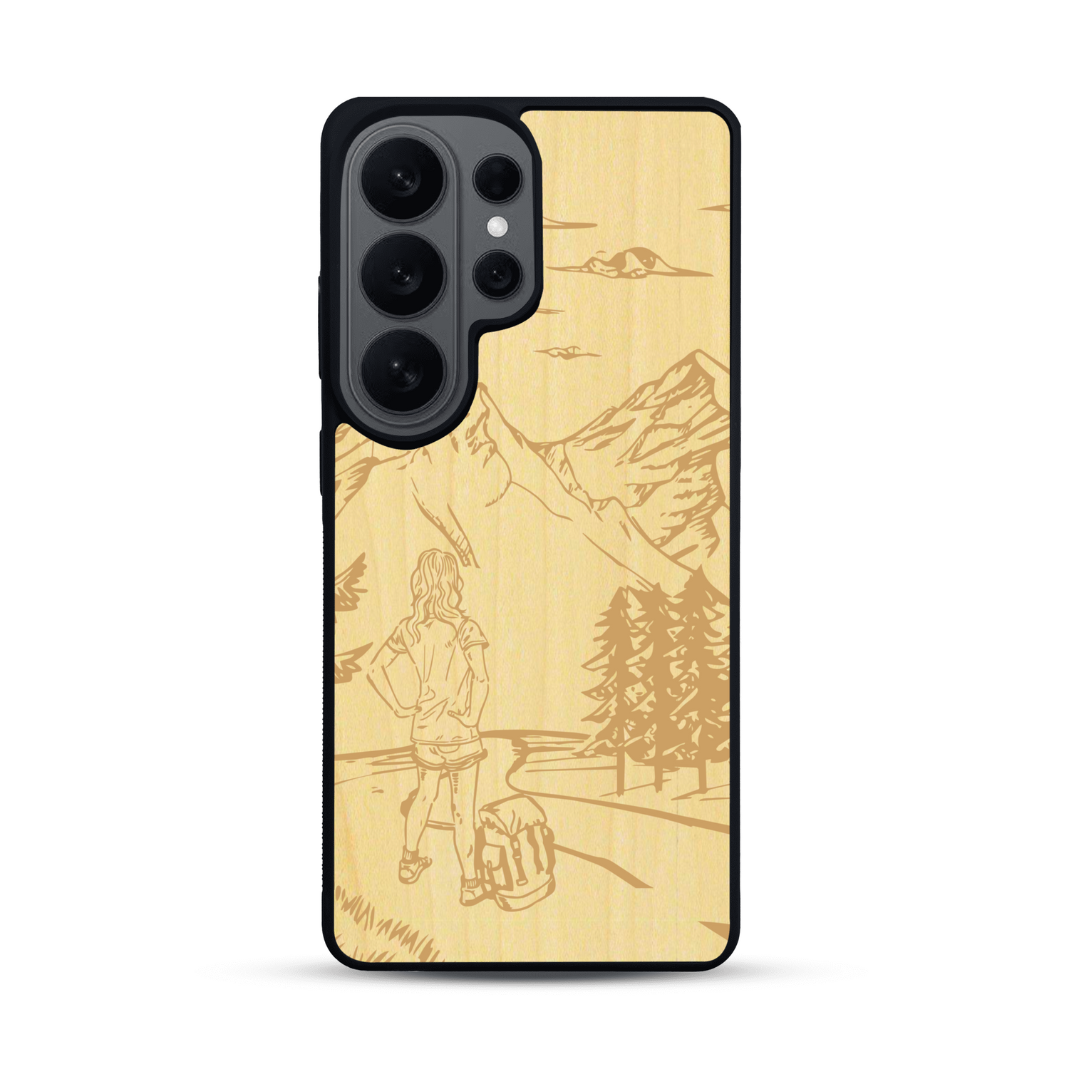 Coque de protection en bois véritable fabriquée en France pour  sur le thème de la randonnée en montagne et de l'aventure avec une gravure représentant une femme de dos face à un paysage de nature
