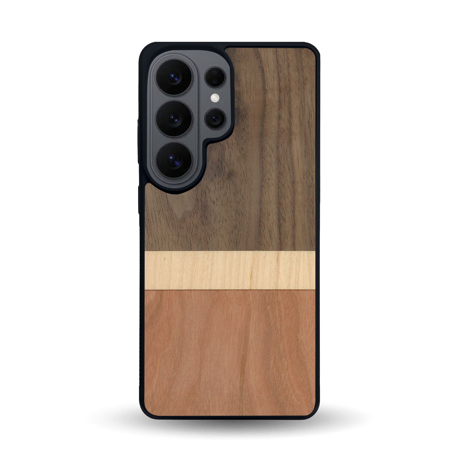 Coque de protection en bois véritable fabriquée en France pour Samsung S26 Ultra alliant des bandes horizontales de bambou, merisier et noyer