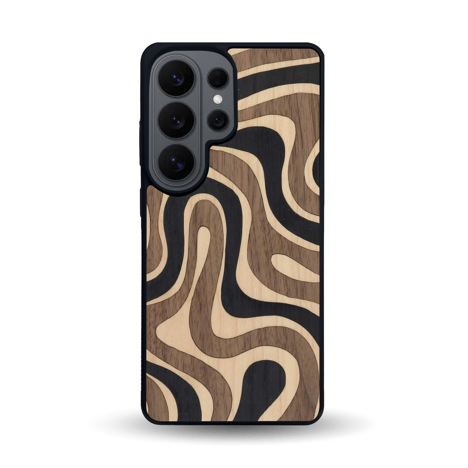 Coque de protection en bois véritable fabriquée en France pour Samsung S26 Ultra alliant plusieurs essences de bois pour représenter une ondulation