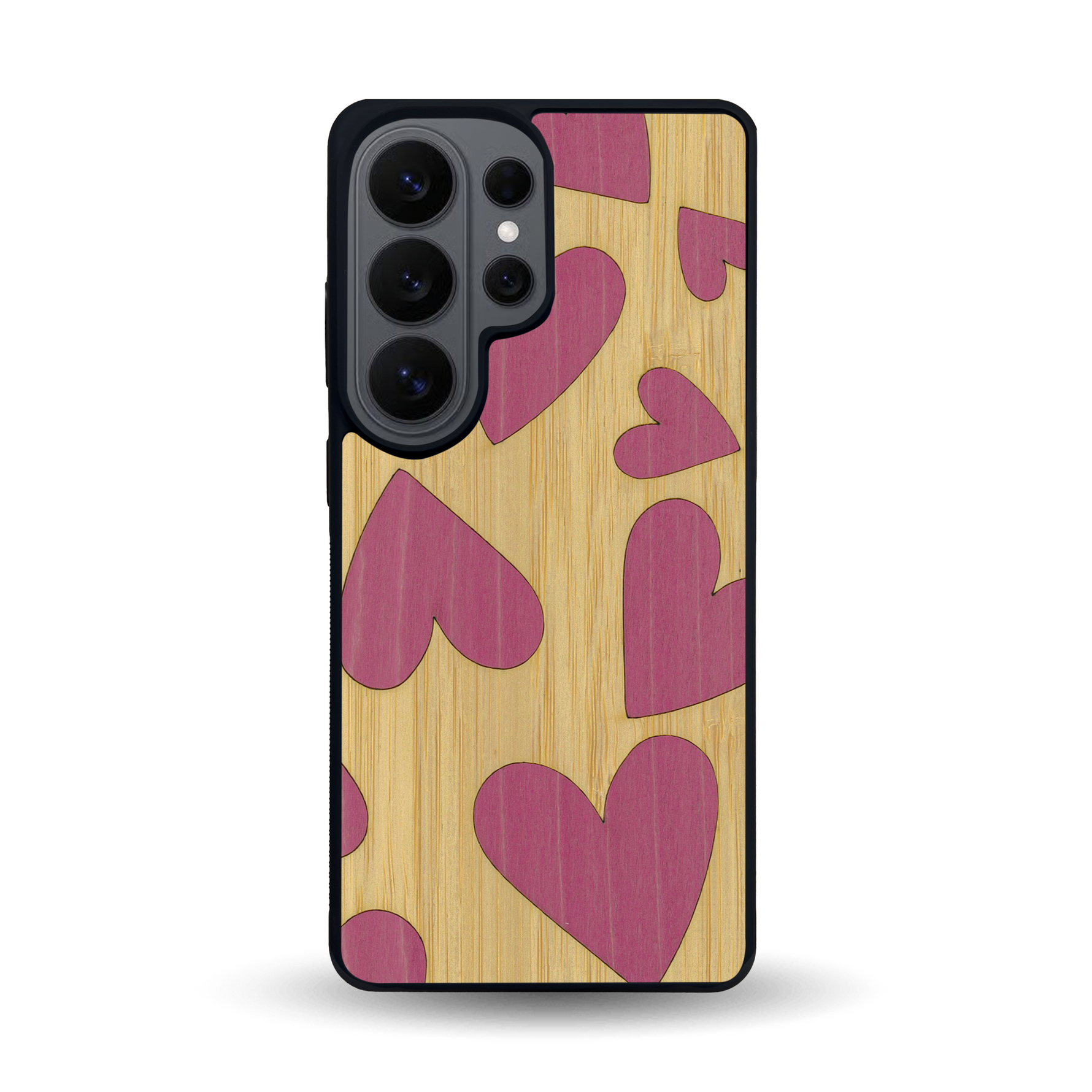 Coque de protection en bois véritable fabriquée en France pour Samsung S26 Ultra alliant plusieurs essences de bois pour représenter des coeurs pour les amoureux
