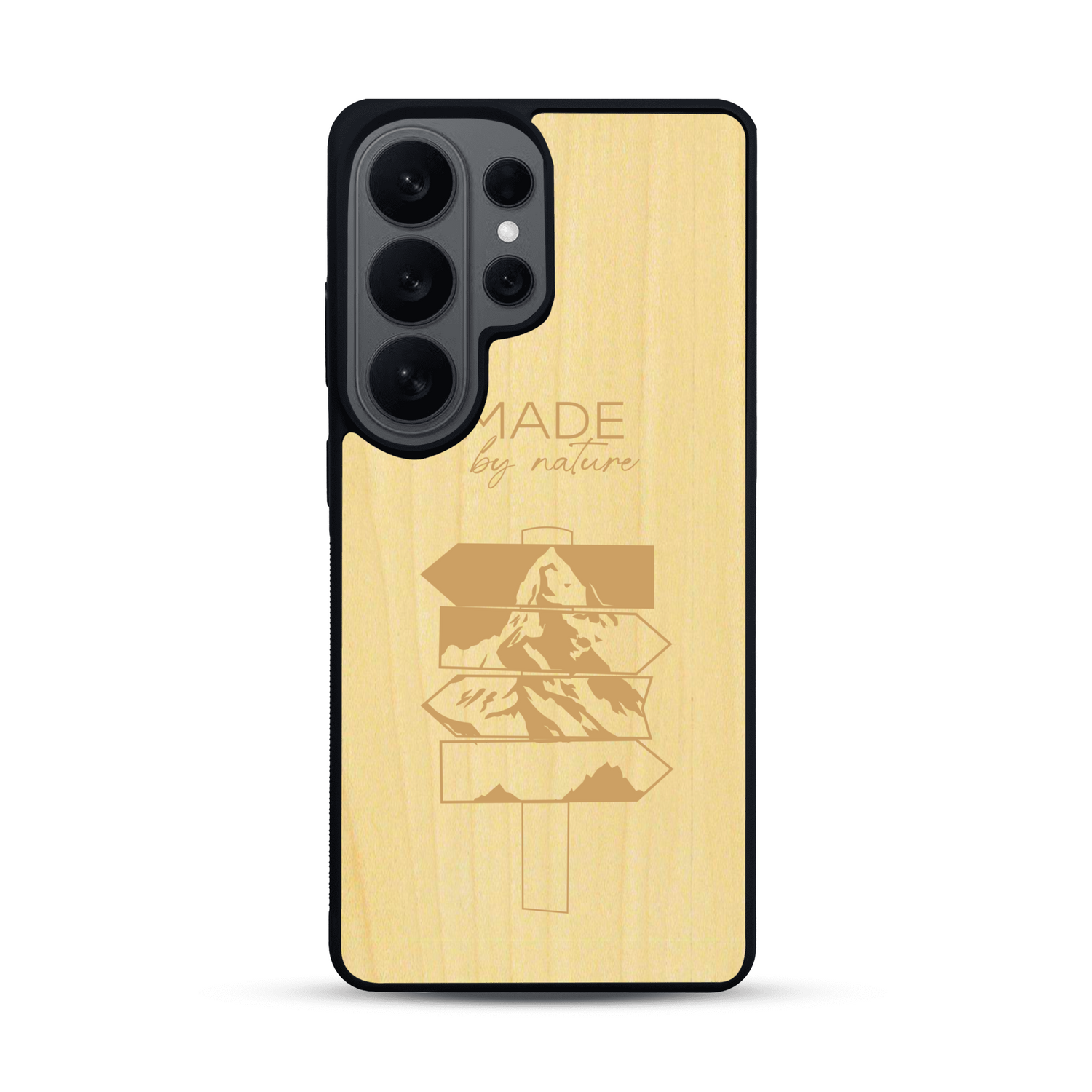 Coque de protection en bois véritable fabriquée en France pour  sur le thème de la nature et des arbres avec une gravure représentant une pomme de pin et la phrase "made by nature"