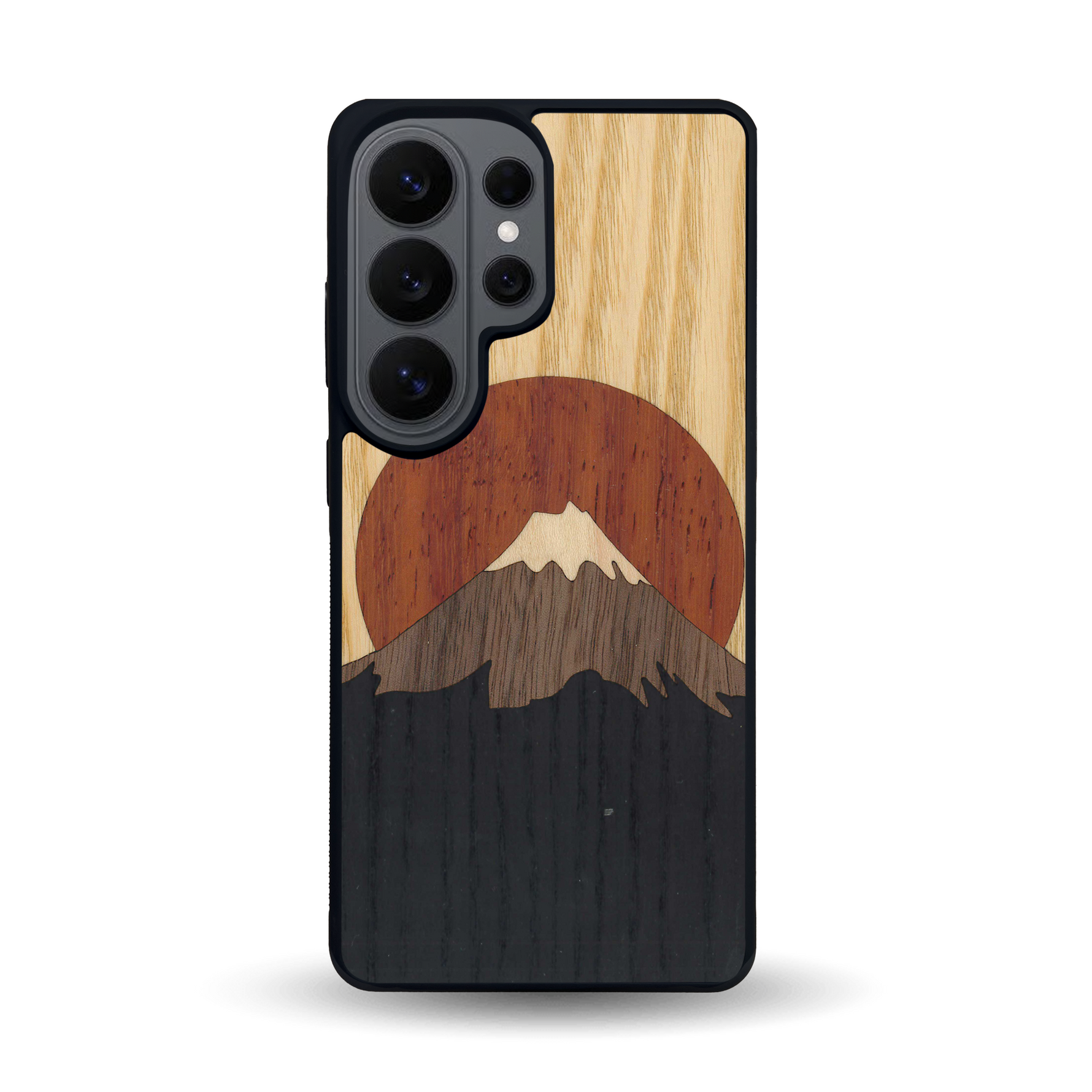 Coque de protection en bois véritable fabriquée en France pour Samsung S26 Ultra alliant plusieurs essences de bois pour représenter le mont Fuji