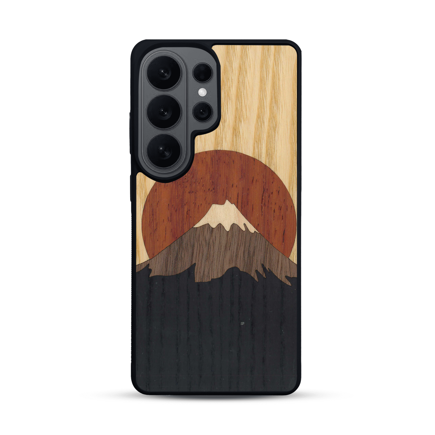 Coque de protection en bois véritable fabriquée en France pour  alliant plusieurs essences de bois pour représenter le mont Fuji