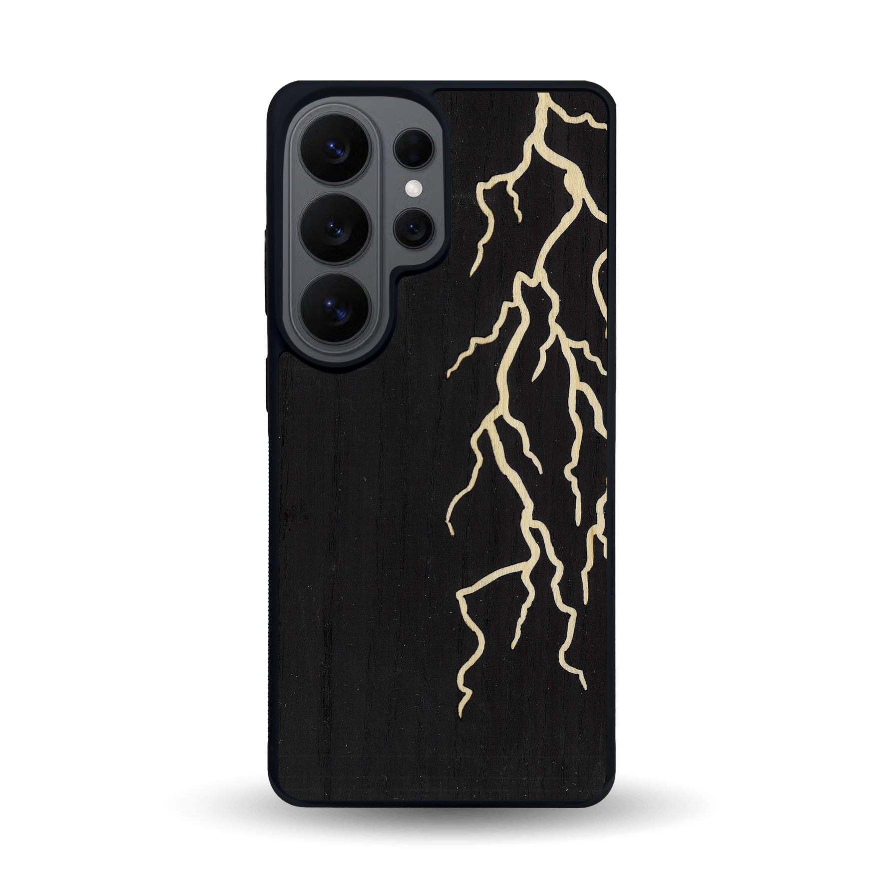 Coque de protection en bois véritable fabriquée en France pour Samsung S26 Ultra alliant plusieurs essences de bois pour représenter un éclair divin
