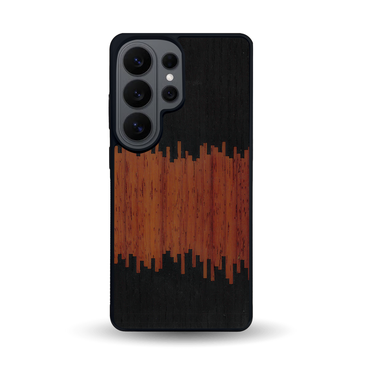 Coque de protection en bois véritable fabriquée en France pour Samsung S26 Ultra alliant plusieurs essences de bois pour représenter du magma en fusion