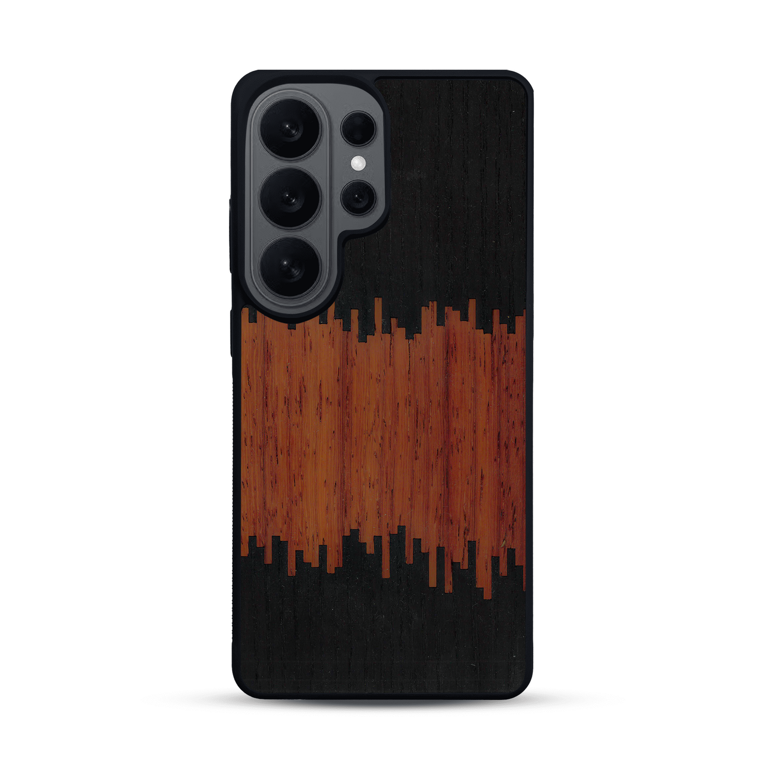 Coque de protection en bois véritable fabriquée en France pour  alliant plusieurs essences de bois pour représenter du magma en fusion