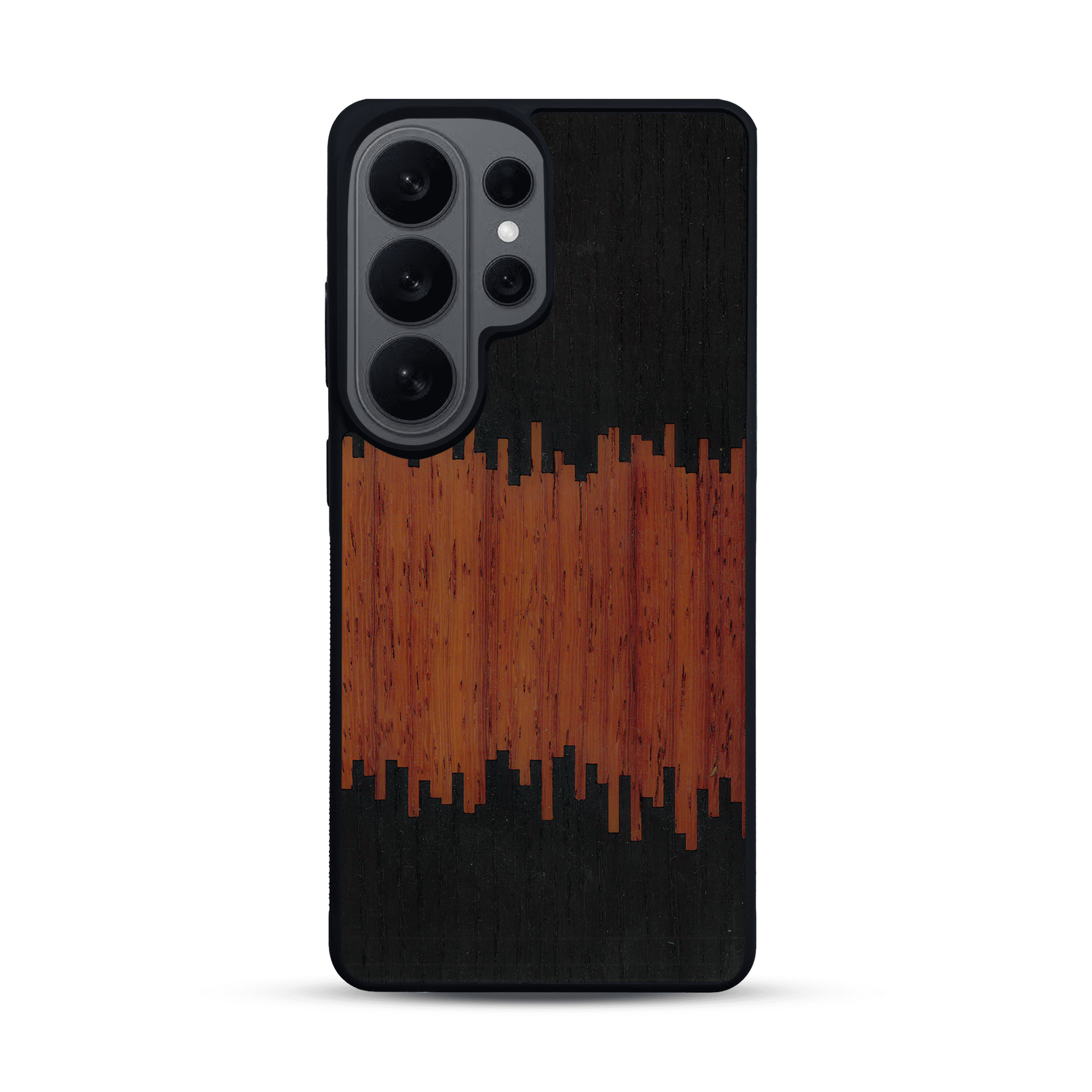 Coque de protection en bois véritable fabriquée en France pour  alliant plusieurs essences de bois pour représenter du magma en fusion