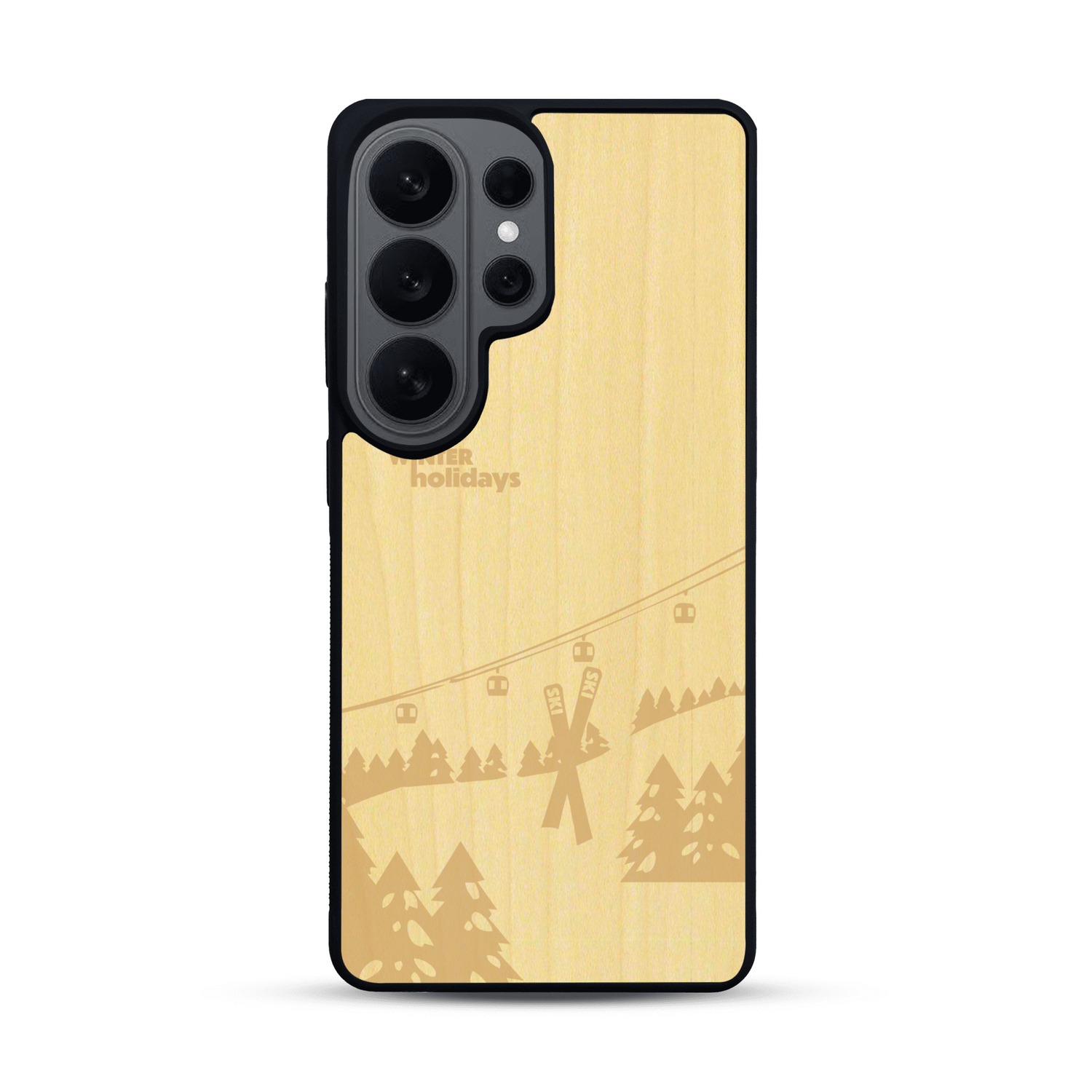 Coque de protection en bois véritable fabriquée en France pour  sur le thème de la montagne, du ski et de la neige avec un motif représentant une paire de ski plantée dans la neige avec en fond des montagnes enneigées