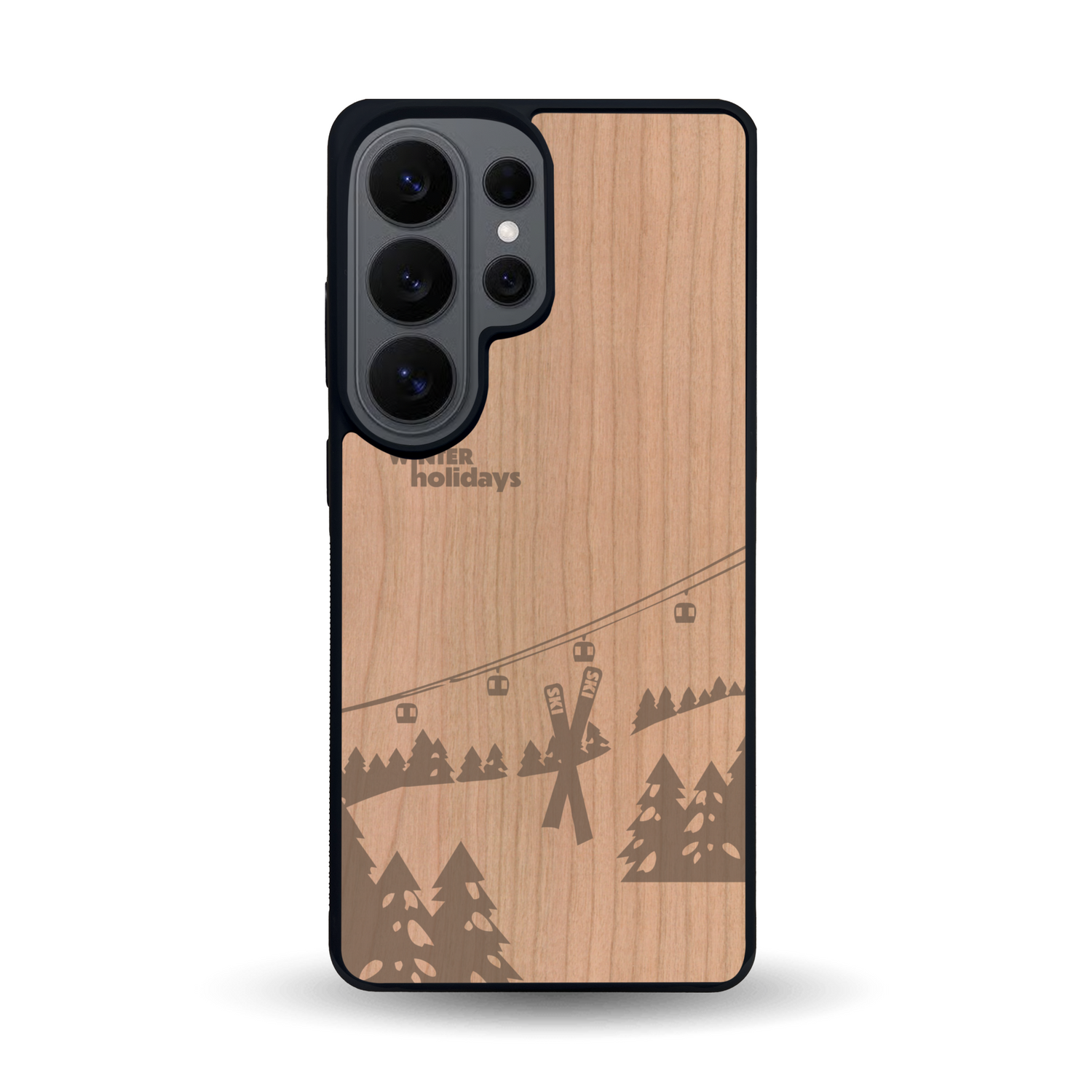 Coque de protection en bois véritable fabriquée en France pour Samsung S26 Ultra sur le thème de la montagne, du ski et de la neige avec un motif représentant une paire de ski plantée dans la neige avec en fond des montagnes enneigées