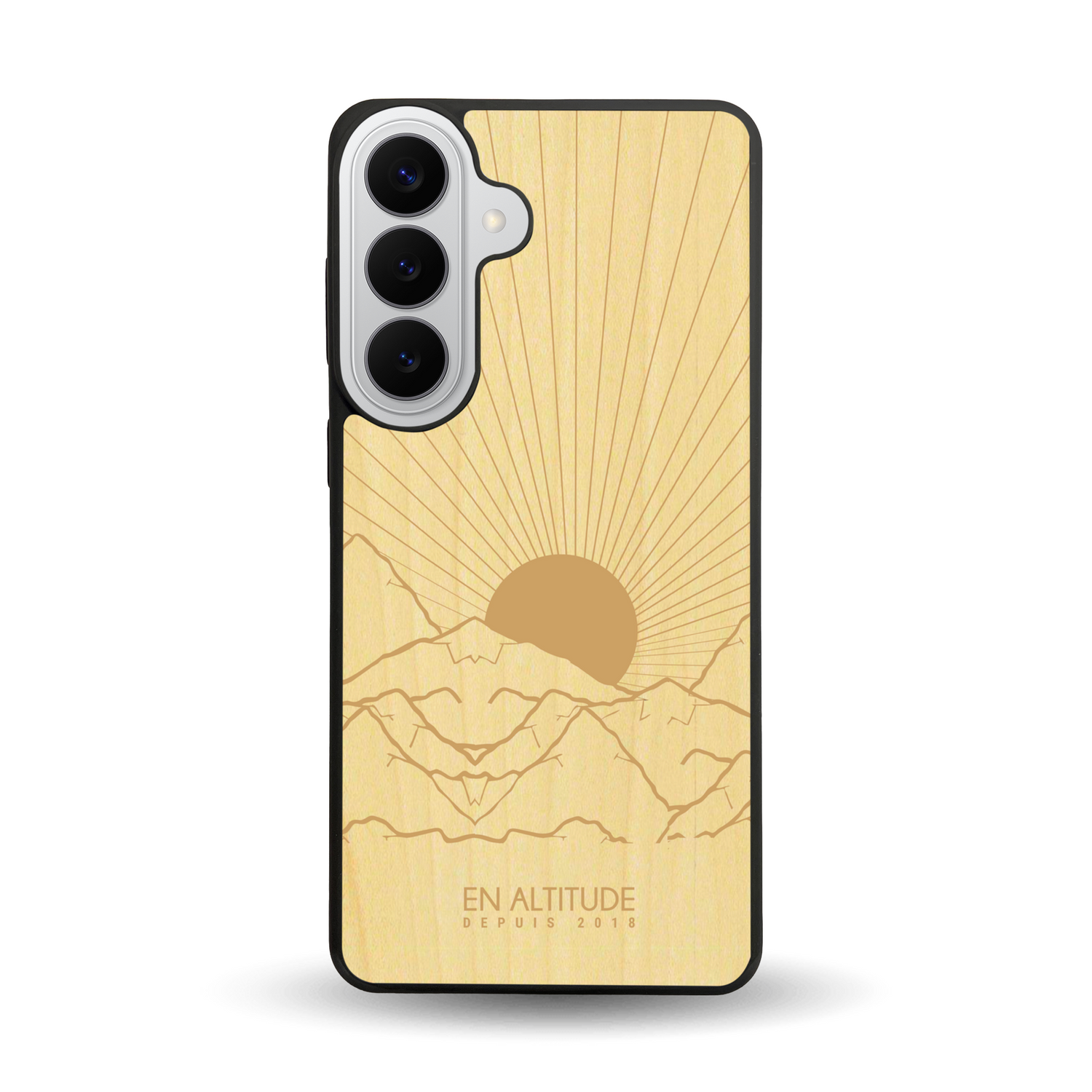 Coque de protection en bois véritable fabriquée en France pour Samsung S26+ représentant des montagnes, sur le thème de la randonnée en pleine nature et du trail