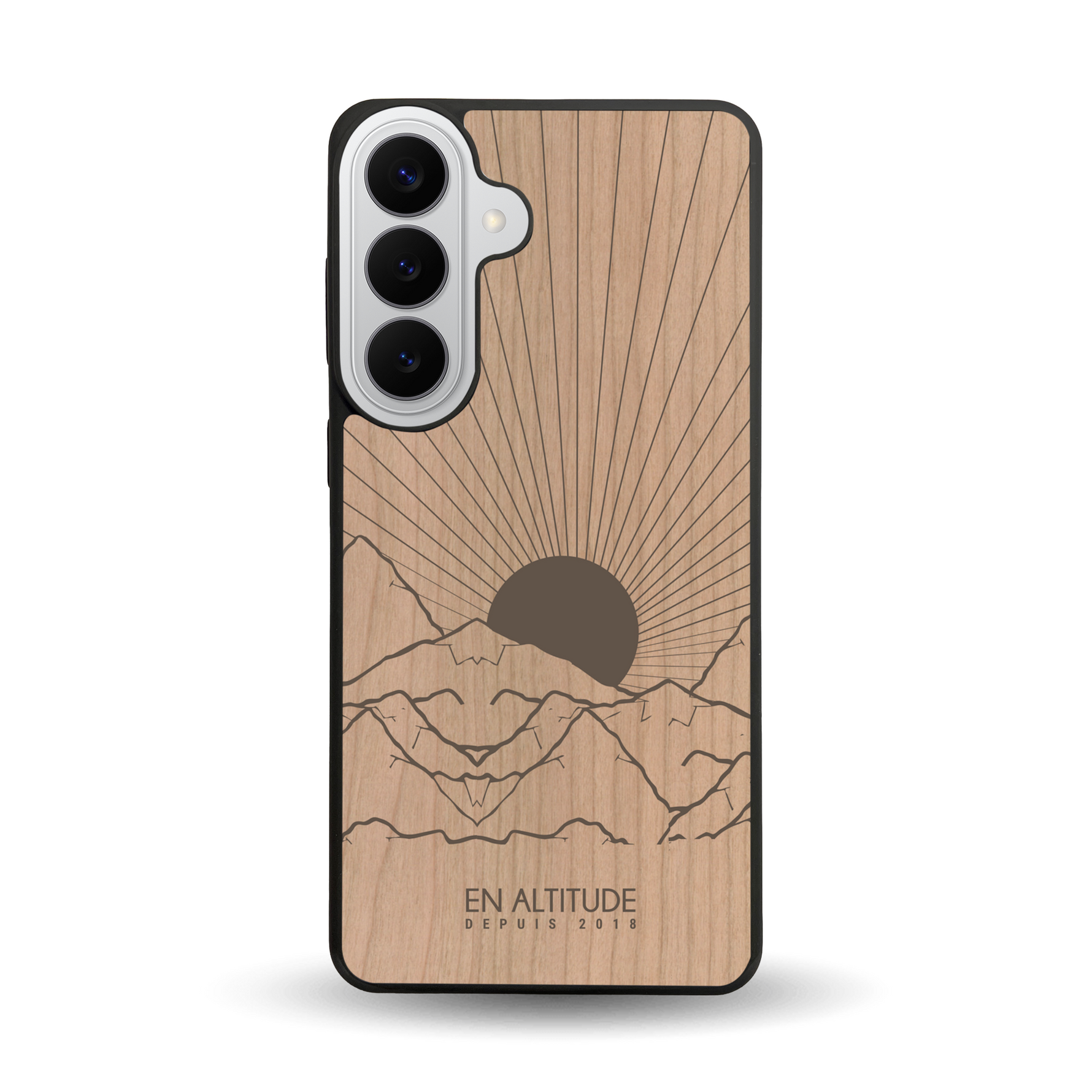 Coque de protection en bois véritable fabriquée en France pour Samsung S26+ représentant des montagnes, sur le thème de la randonnée en pleine nature et du trail