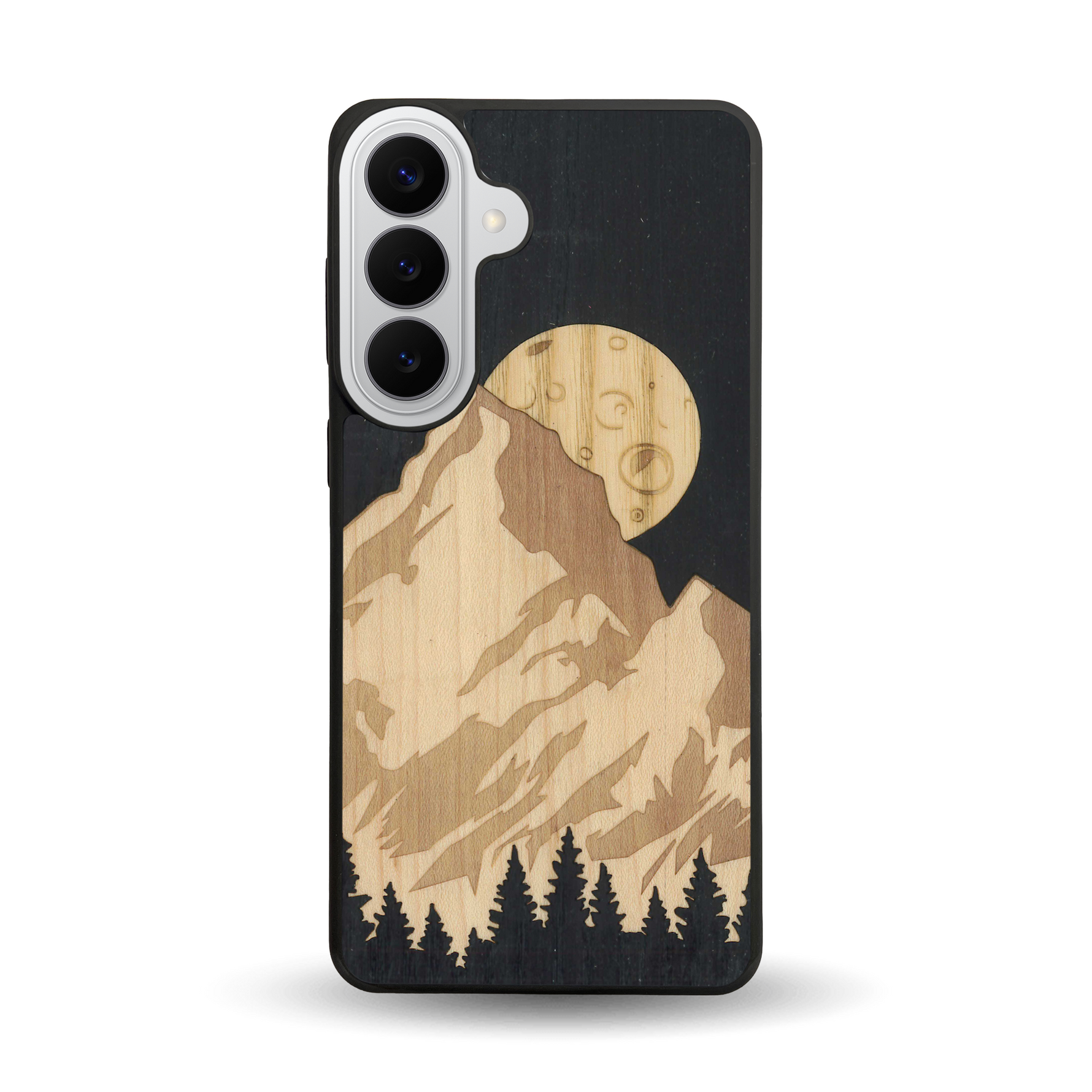 Coque de protection en bois véritable fabriquée en France pour Samsung S26+ alliant plusieurs essences de bois pour représenter le mont Everest