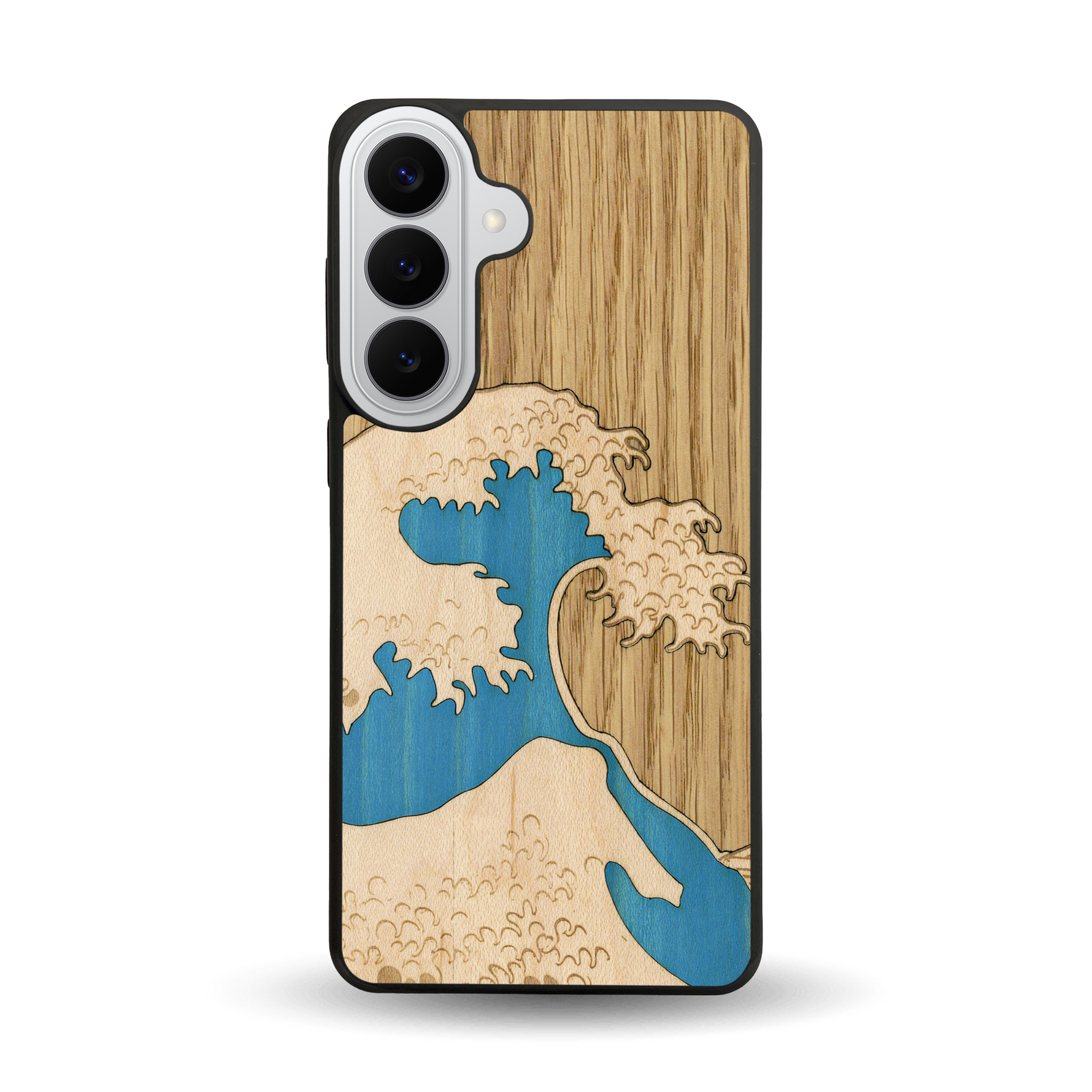 Coque de protection en bois véritable fabriquée en France pour Samsung S26+ alliant plusieurs essences de bois pour représenter la célèbre grande vague de Kanagawa
