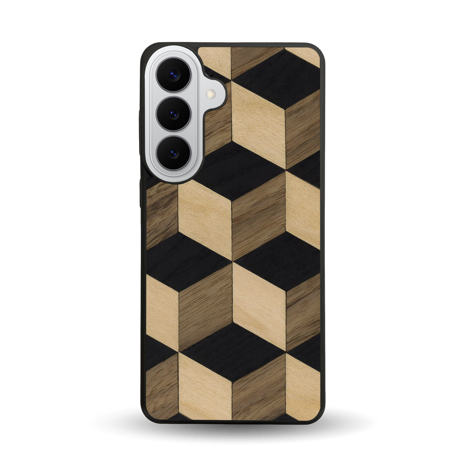 Coque de protection en bois véritable fabriquée en France pour Samsung S26+ alliant plusieurs essences de bois pour représenter un classique intemporel de la marqueterie