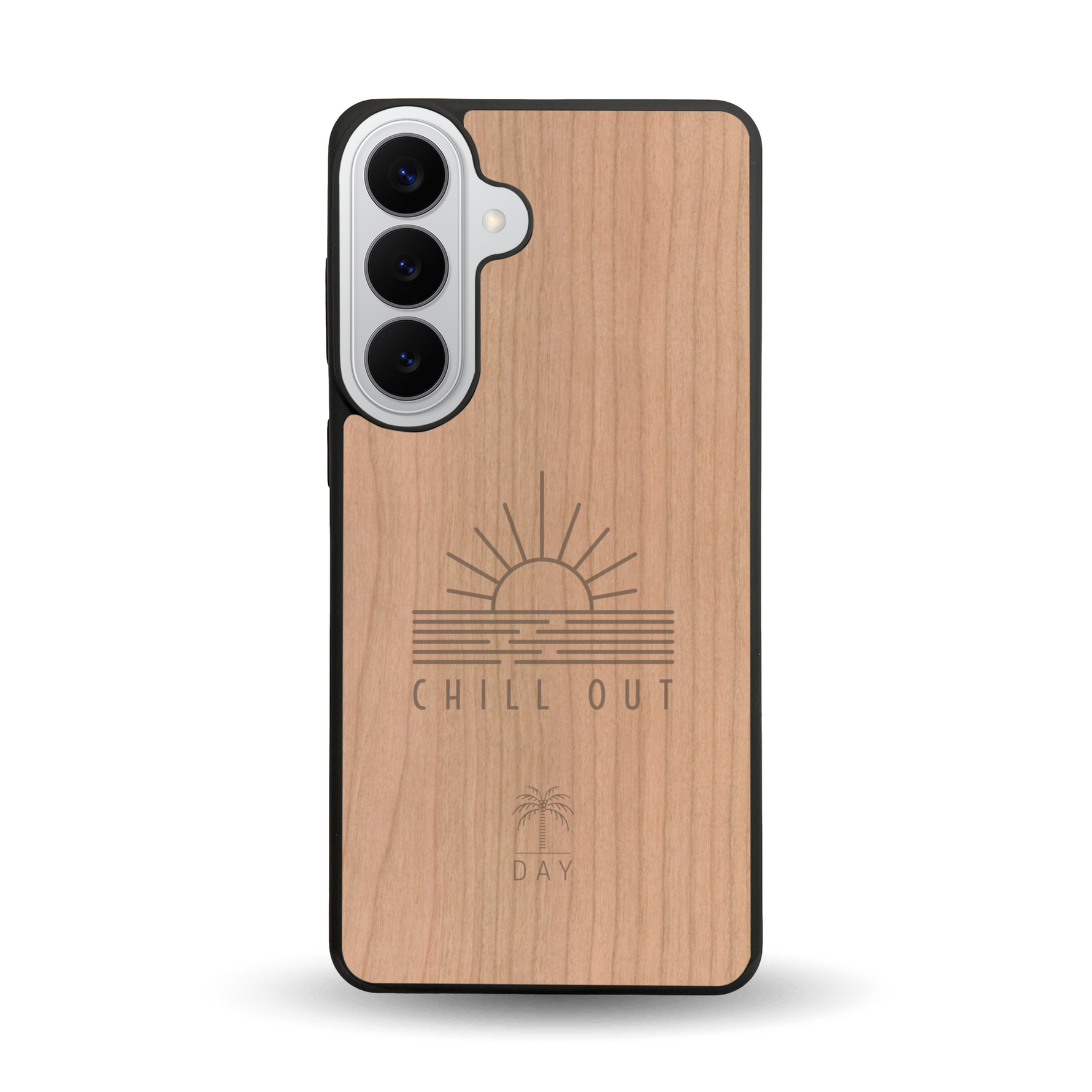 Coque de protection en bois véritable fabriquée en France pour Samsung S26+ sur le thème chill avec un motif représentant un couché de soleil sur l'océan et la phrase "Chill out"