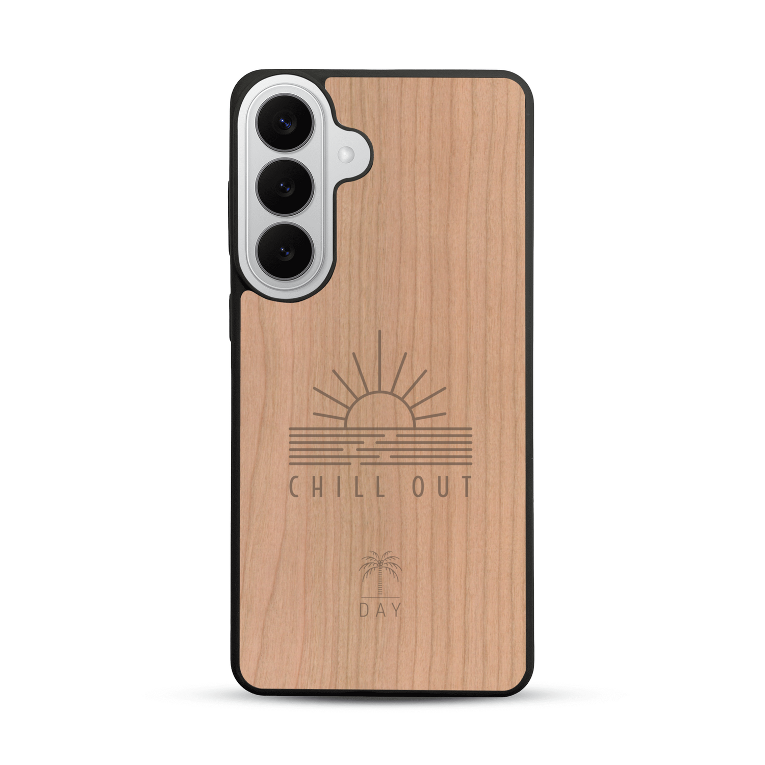 Coque de protection en bois véritable fabriquée en France pour  sur le thème chill avec un motif représentant un couché de soleil sur l'océan et la phrase "Chill out"
