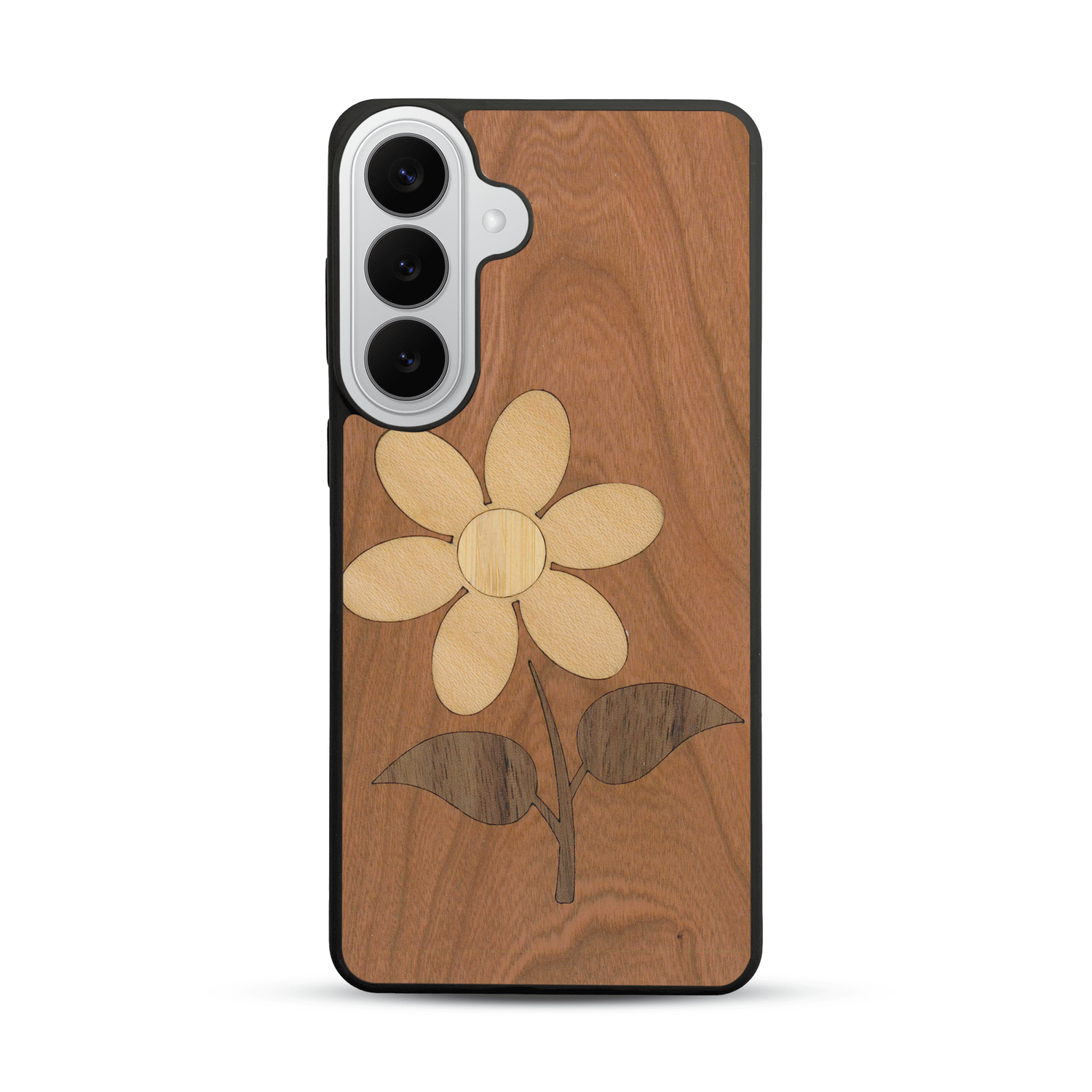 Coque de protection en bois véritable fabriquée en France pour  alliant plusieurs essences de bois pour représenter une marguerite