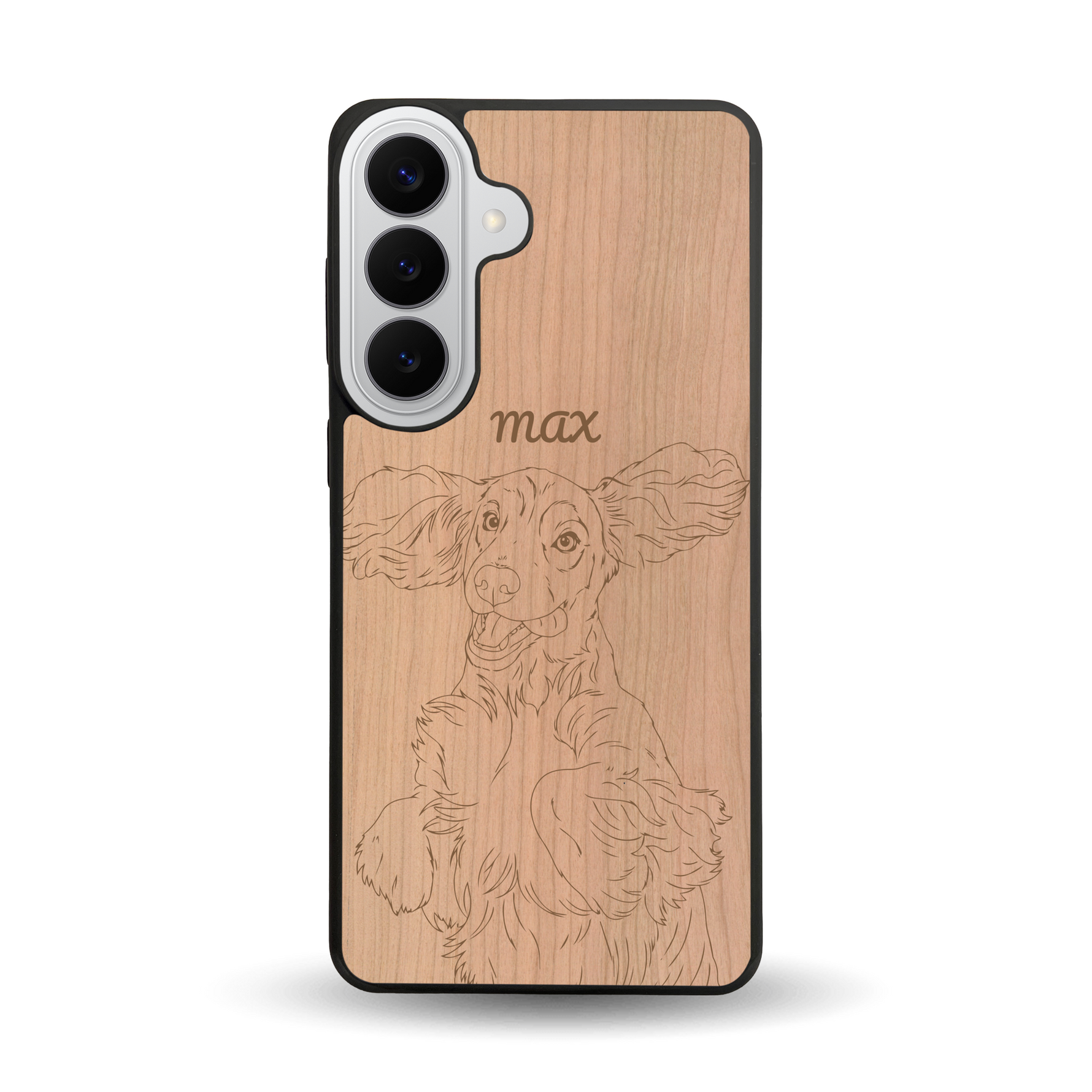 Coque de protection en bois véritable fabriquée en France pour Samsung S26+ avec gravure personnalisée à partir d'une photo, d'une image, d'un logo, des initials ou d'une phrase