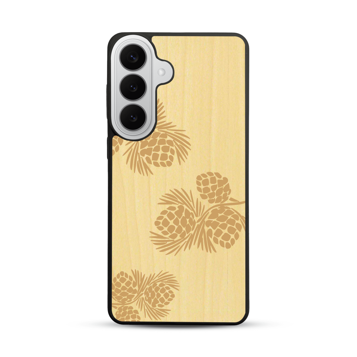 Coque de protection en bois véritable fabriquée en France pour  sur le thème de la nature des arbres avec un motif de gravure représentant des épines de sapin et des pommes de pin