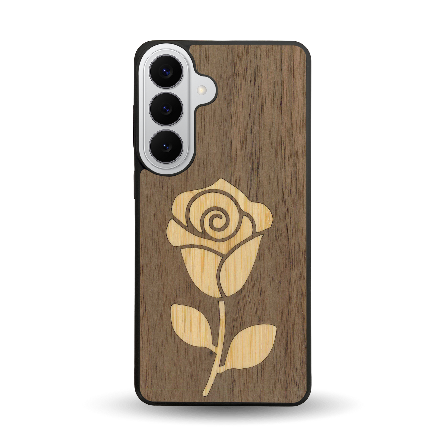 Coque de protection en bois véritable fabriquée en France pour Samsung S26+ alliant plusieurs essences de bois pour représenter une rose