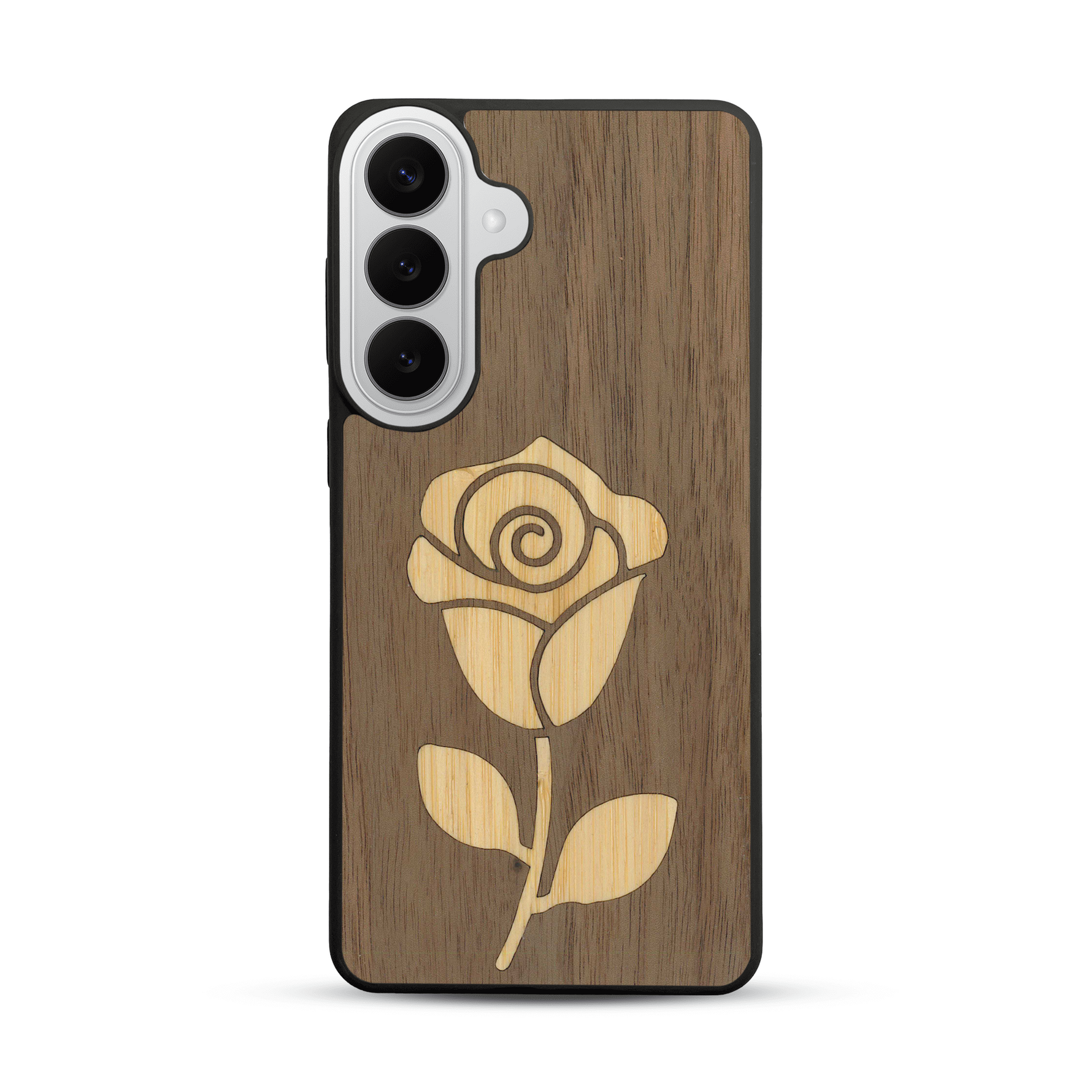Coque de protection en bois véritable fabriquée en France pour  alliant plusieurs essences de bois pour représenter une rose