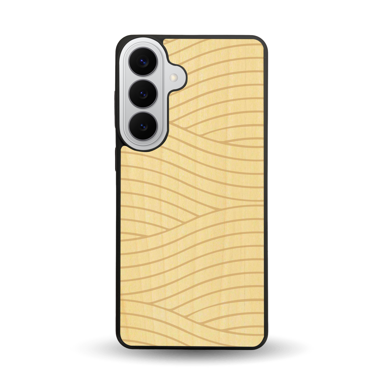 Coque de protection en bois véritable fabriquée en France pour Samsung S26+ avec un motif moderne et minimaliste sur le thème waves et wavy représentant les vagues de l'océan