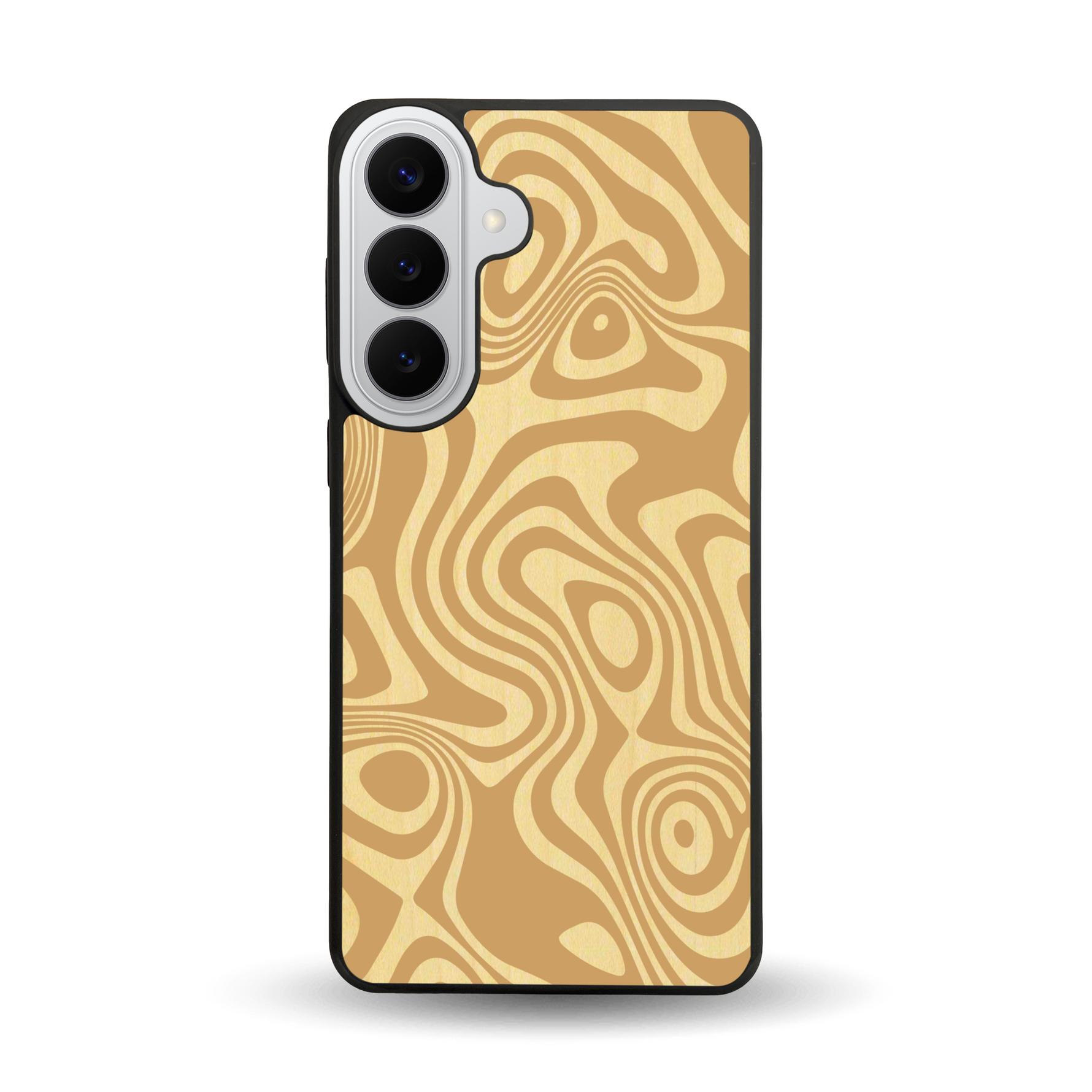 Coque de protection en bois véritable fabriquée en France pour Samsung S26+ avec un motif abstrait représentant les mouvements de l'eau