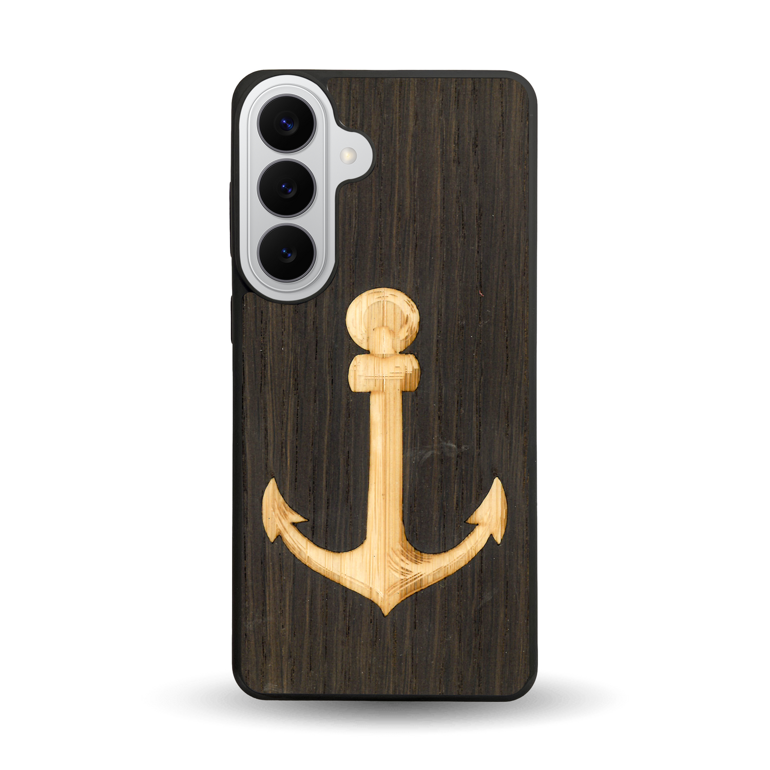 Coque de protection en bois véritable fabriquée en France pour Samsung S26+ sur le thème nautique avec un bois clair et un bois foncé représentant une ancre de bateau