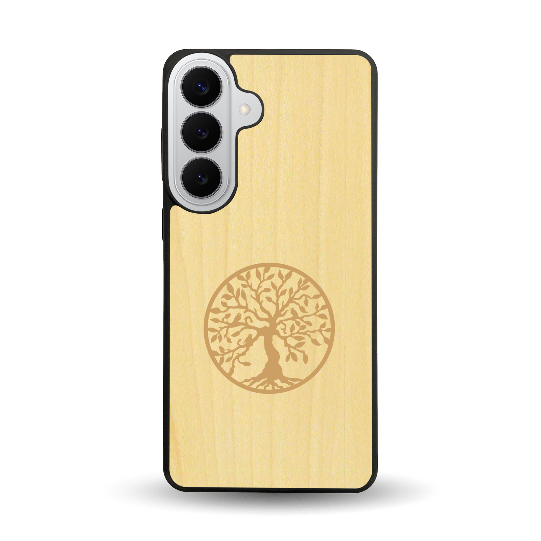 Coque de protection en bois véritable fabriquée en France pour Samsung S26+ sur le thème de la spiritualité et du yoga avec une gravure zen représentant un arbre de vie