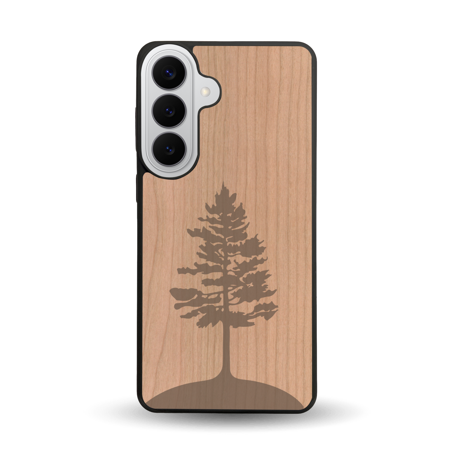 Coque de protection en bois véritable fabriquée en France pour Samsung S26+ sur le thème de la nature, de la fôret et de l'écoresponsabilité avec une gravure représentant un arbre 