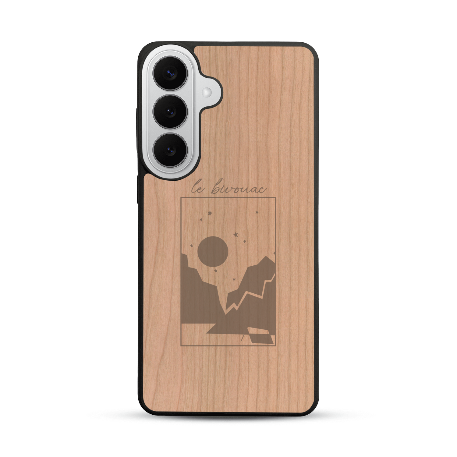 Coque de protection en bois véritable fabriquée en France pour  sur le thème du camping en pleine nature et du bivouac avec la phrase "Aventure is out there"