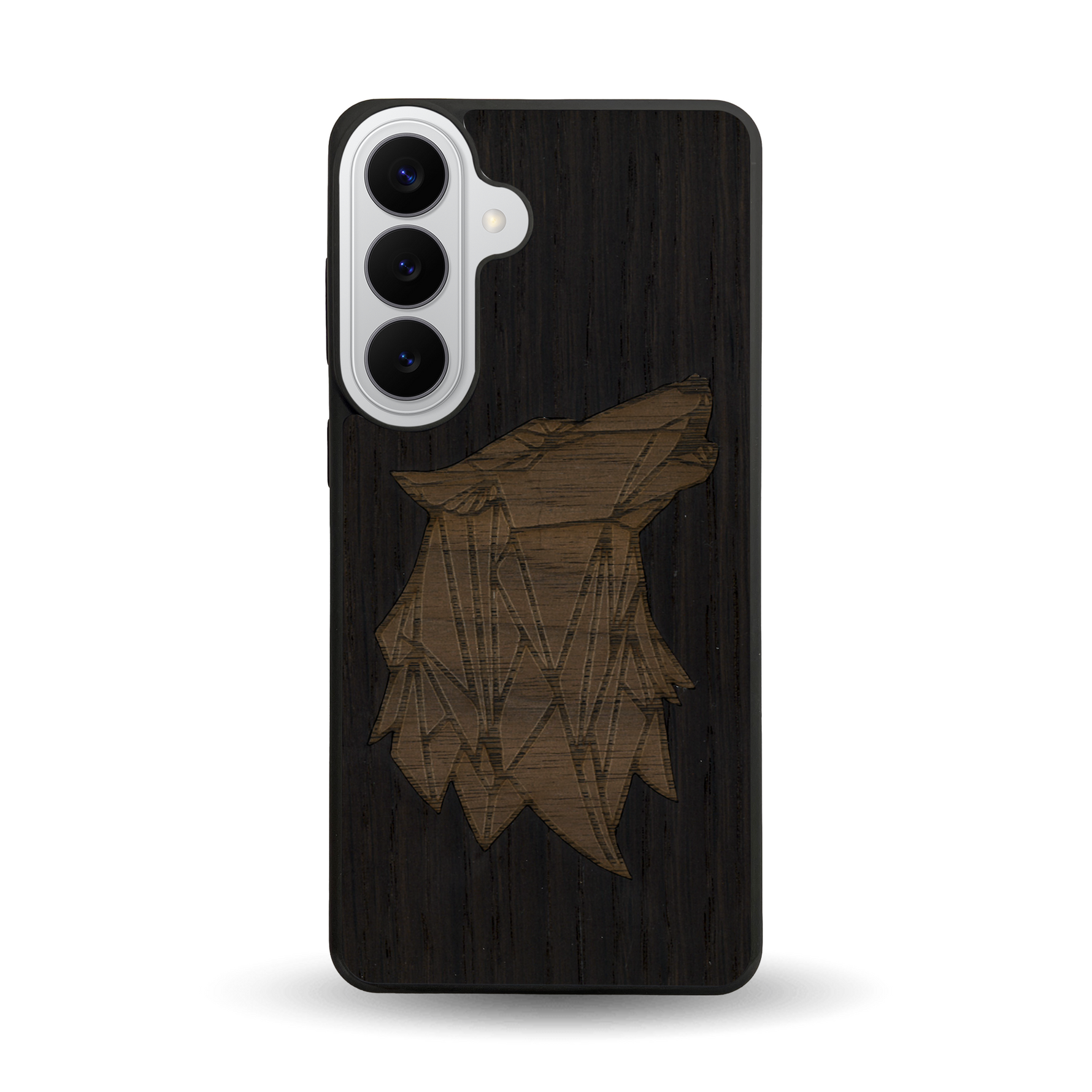Coque de protection en bois véritable fabriquée en France pour Samsung S26+ alliant du chêne fumé et du noyer représentant une tête de loup géométrique de profil sur le thème des animaux et de la nature