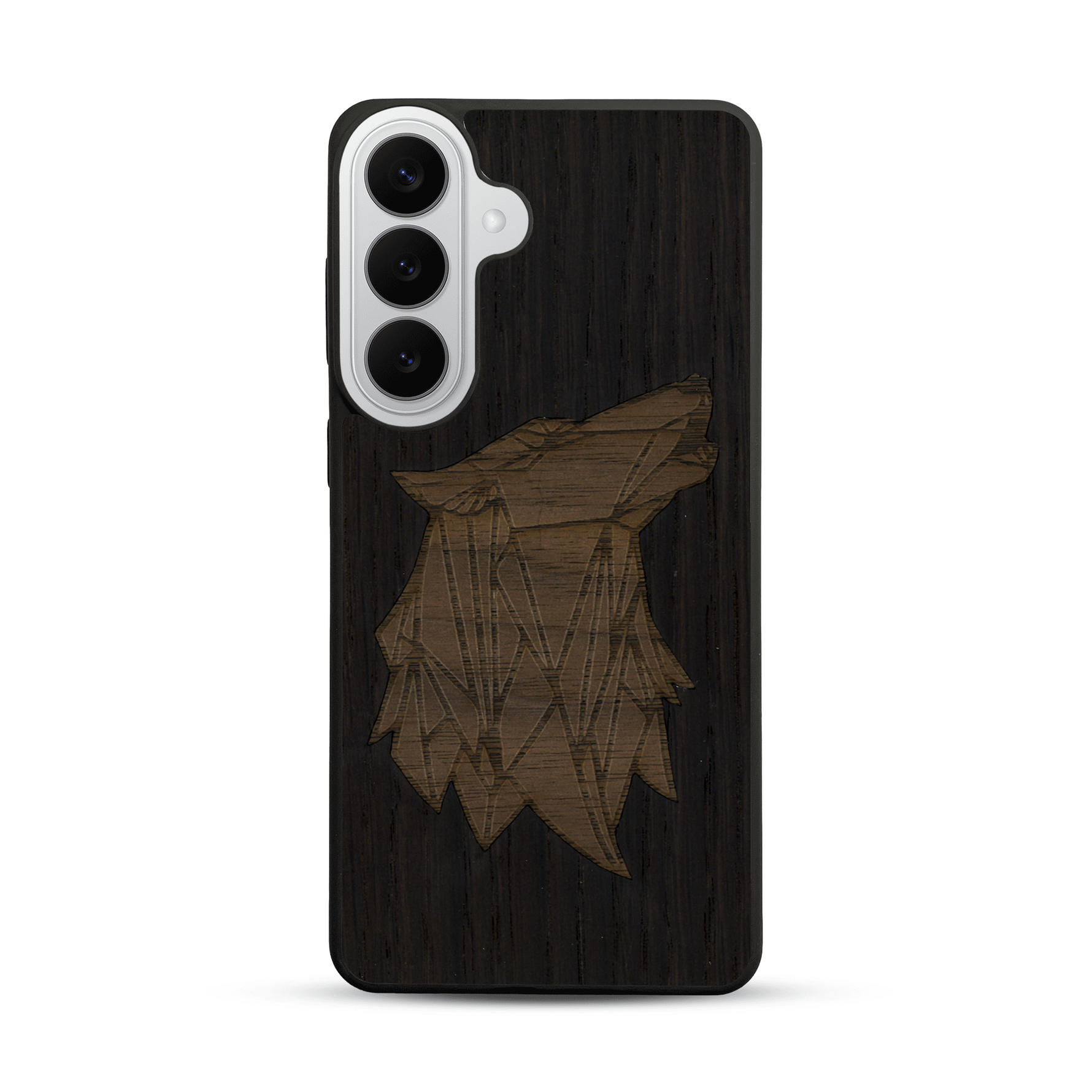 Coque de protection en bois véritable fabriquée en France pour  alliant du chêne fumé et du noyer représentant une tête de loup géométrique de profil sur le thème des animaux et de la nature