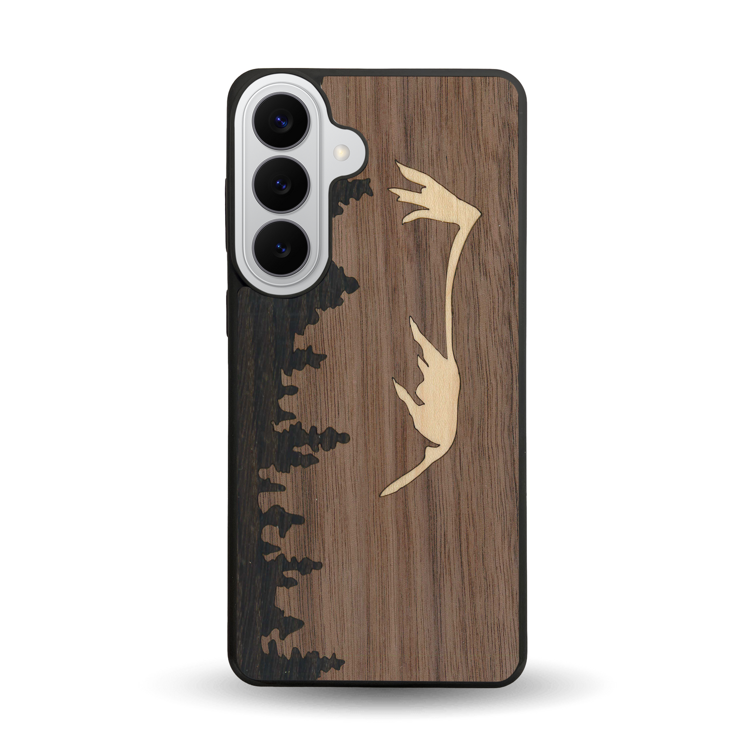 Coque de protection en bois véritable fabriquée en France pour Samsung S26+ sur le thème de la nature et de la montagne qui allie du chêne fumé, du noyer et du bambou représentant le mont mézenc