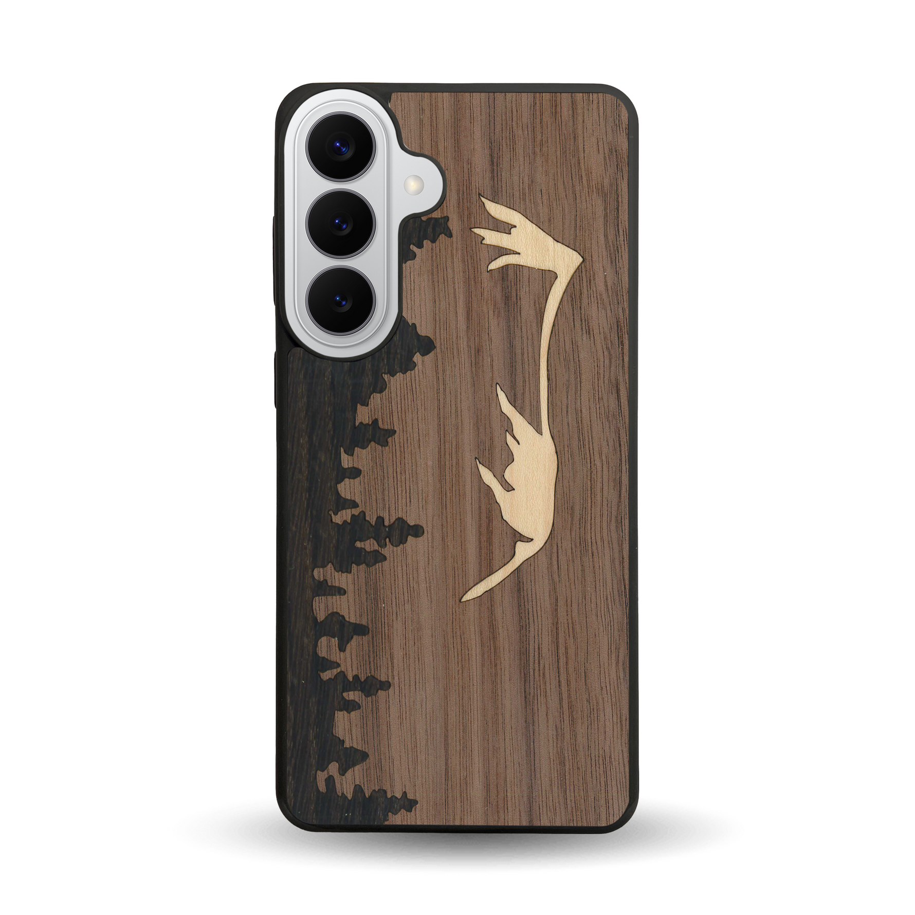 Coque de protection en bois véritable fabriquée en France pour Samsung S26+ sur le thème de la nature et de la montagne qui allie du chêne fumé, du noyer et du bambou représentant le mont mézenc