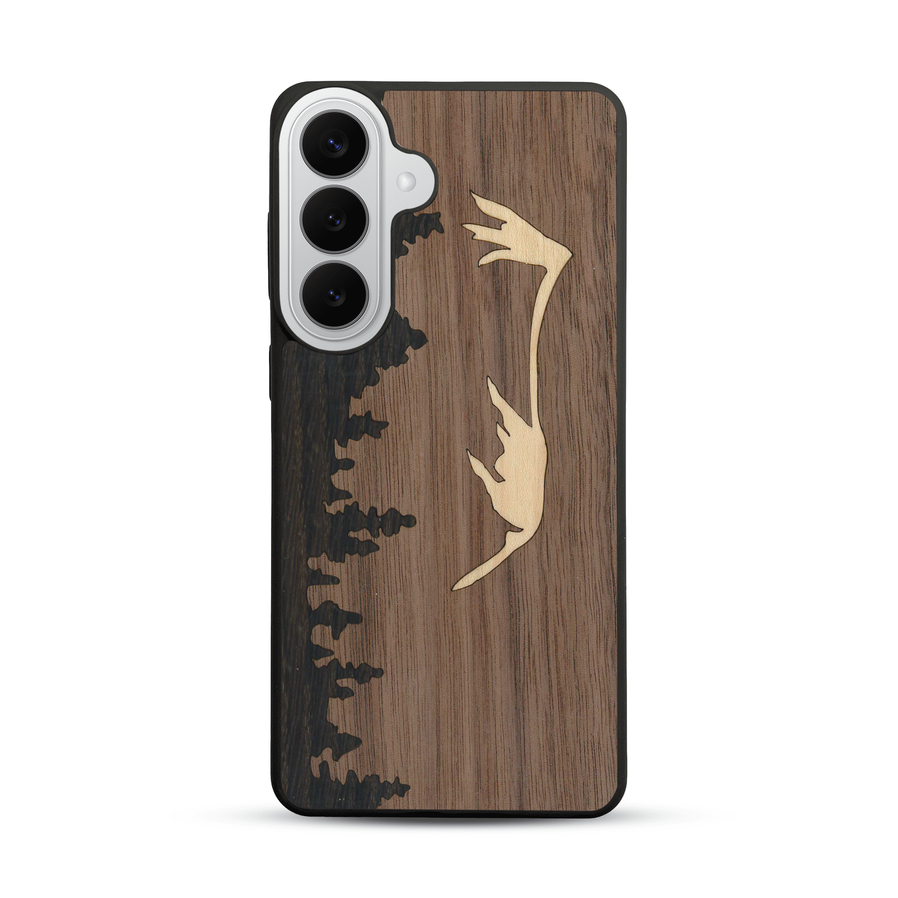 Coque de protection en bois véritable fabriquée en France pour  sur le thème de la nature et de la montagne qui allie du chêne fumé, du noyer et du bambou représentant le mont mézenc