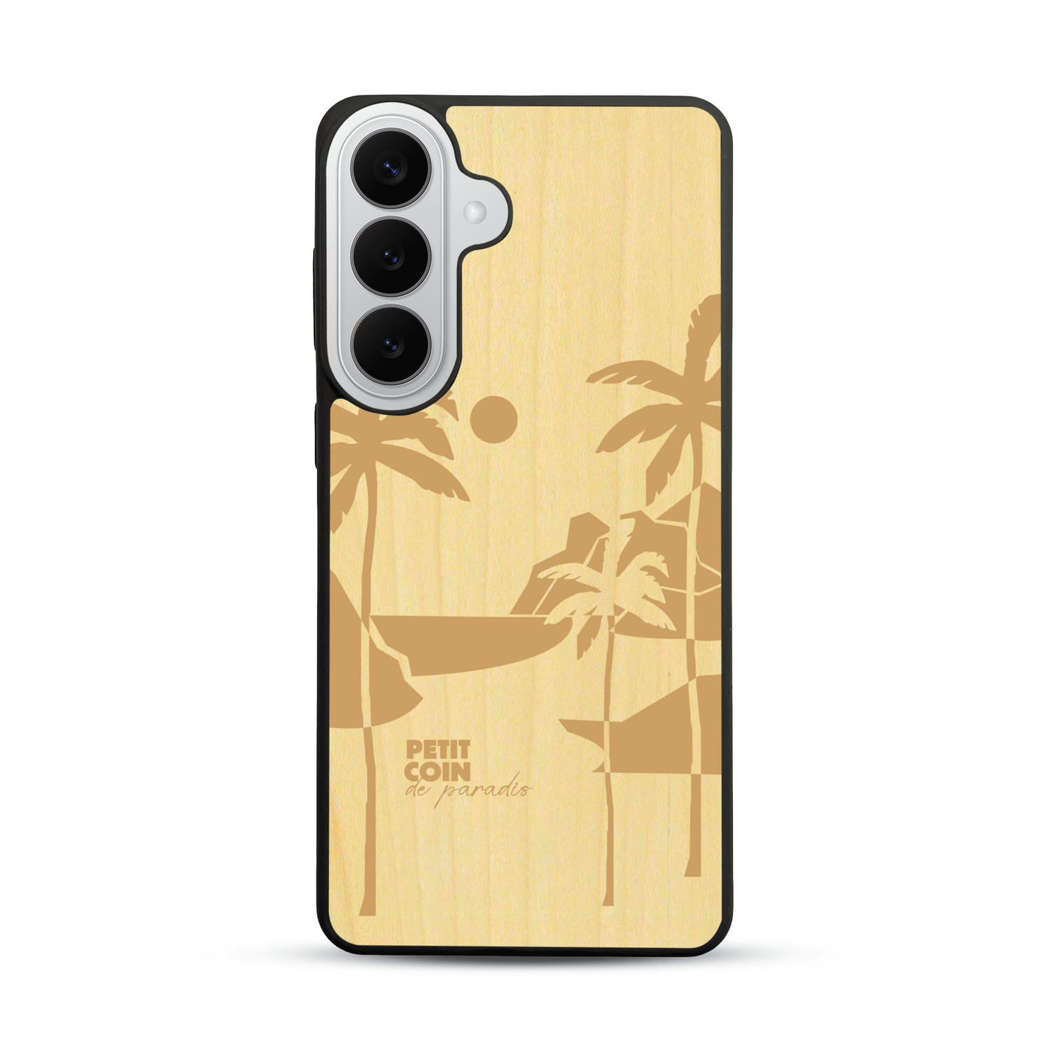 Coque de protection en bois véritable fabriquée en France pour  sur le thème des voyages en vans, vanlife et chill avec une gravure représentant un van vw combi devant le soleil couchant sur une plage avec des vagues