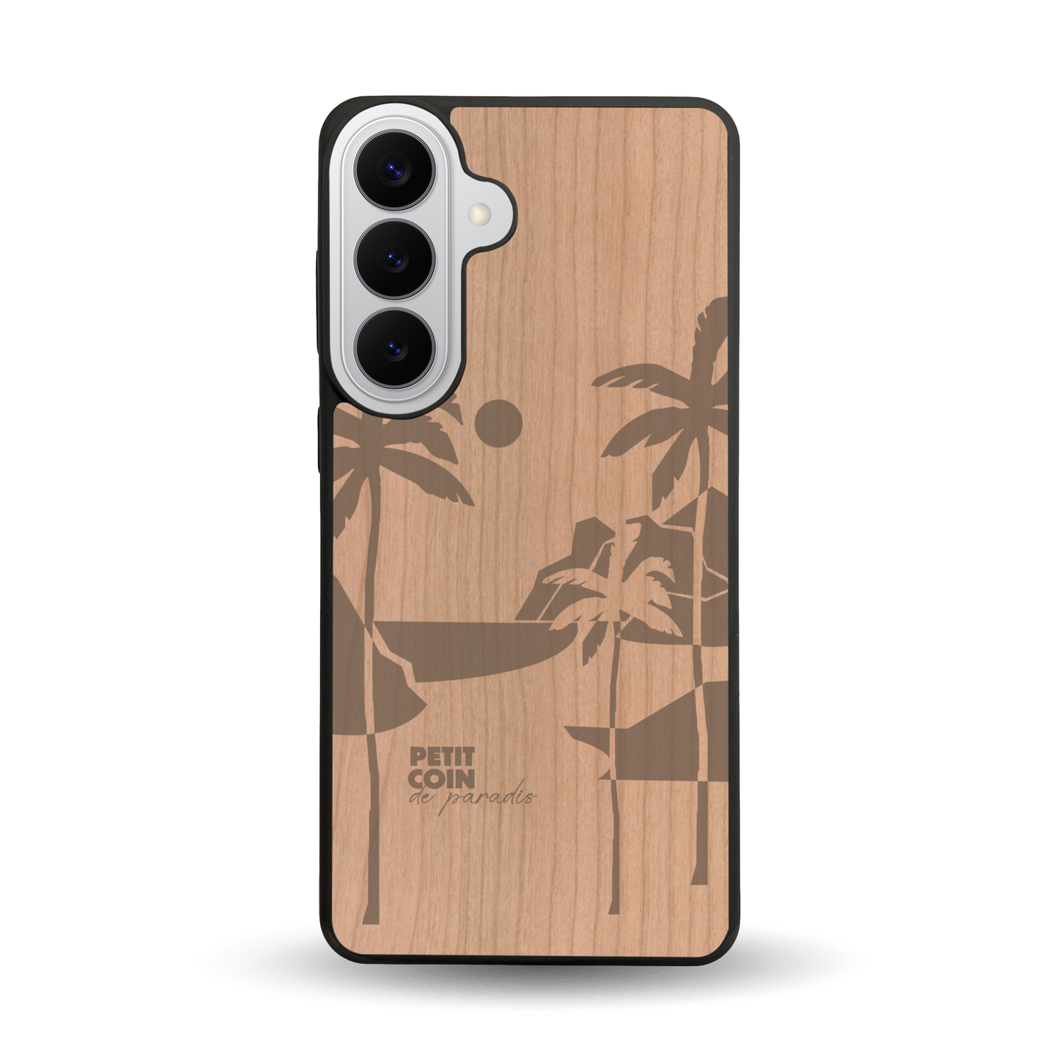 Coque de protection en bois véritable fabriquée en France pour Samsung S26+ sur le thème des voyages en vans, vanlife et chill avec une gravure représentant un van vw combi devant le soleil couchant sur une plage avec des vagues