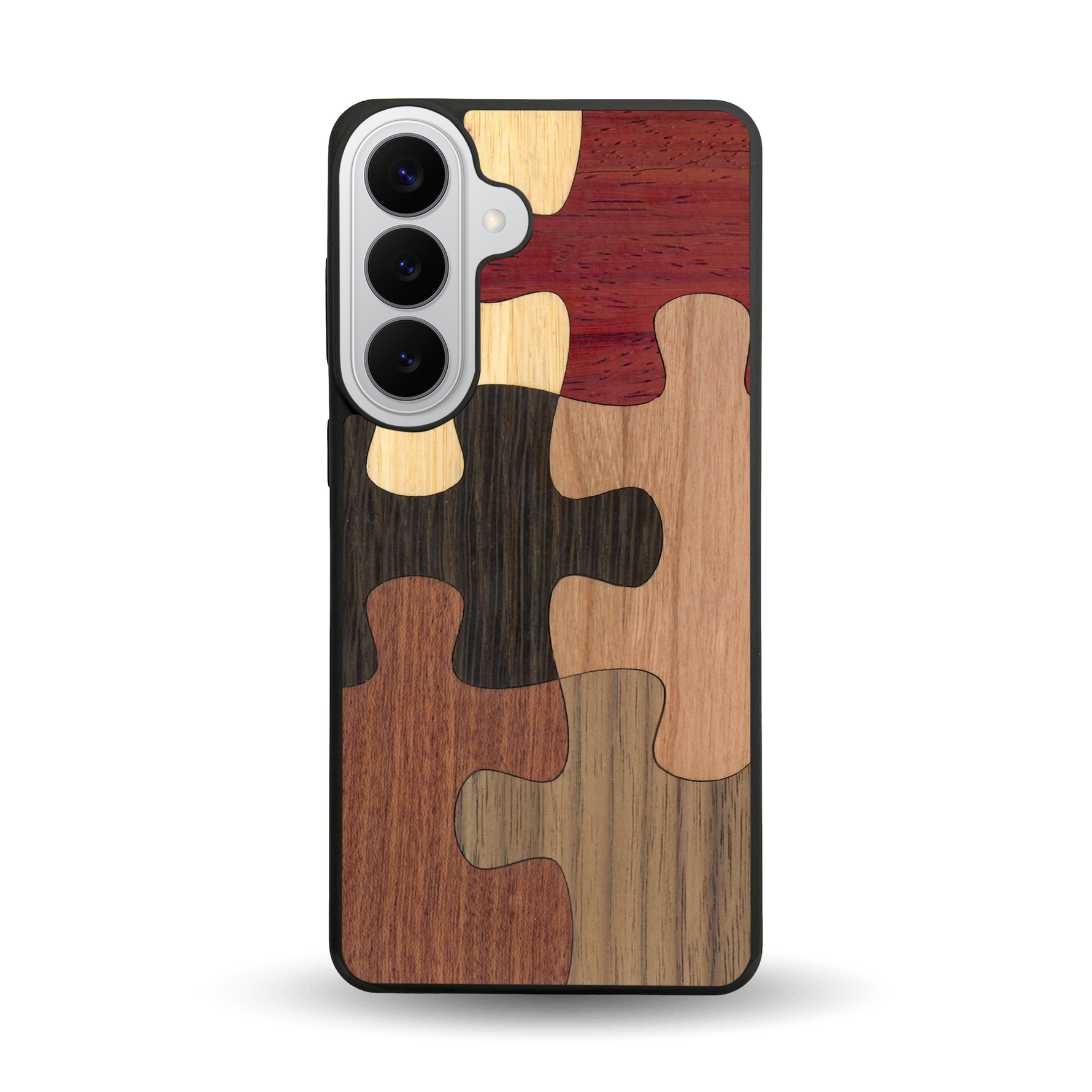 Coque de protection en bois véritable fabriquée en France pour Samsung S26+ représentant un puzzle en six pièces qui allie du chêne fumé, du noyer, du bambou, du padouk, du merisier et de l'acajou