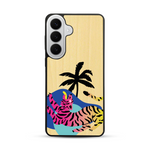 Coque de protection en bois véritable fabriquée en France pour  représentant un tigre coloré avec un design moderne et minimaliste sur le thème de la jungle et de la nature