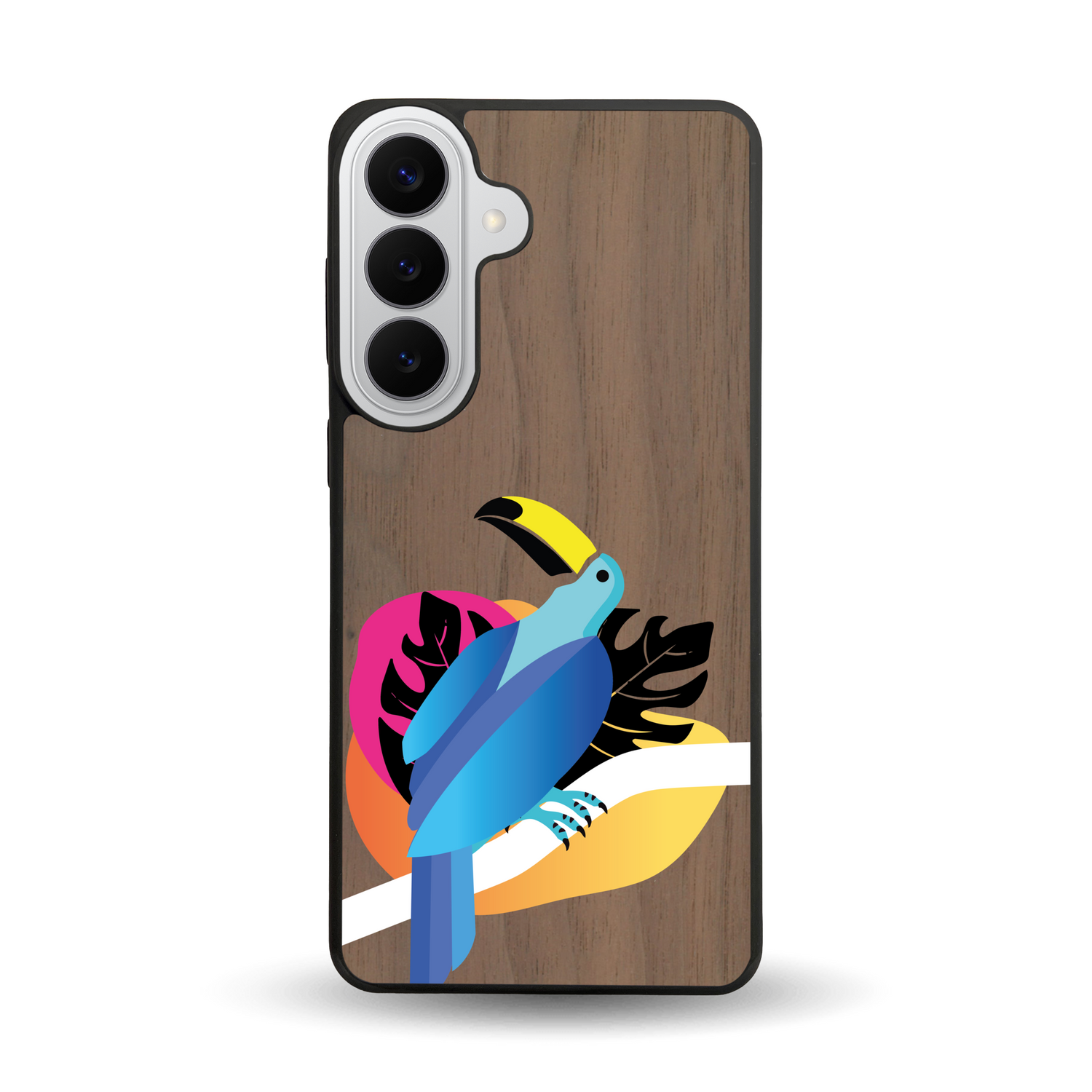 Coque de protection en bois véritable fabriquée en France pour Samsung S26+ représentant un toucan coloré avec un design moderne et minimaliste sur le thème de la jungle et de la nature