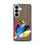Coque de protection en bois véritable fabriquée en France pour  représentant un toucan coloré avec un design moderne et minimaliste sur le thème de la jungle et de la nature