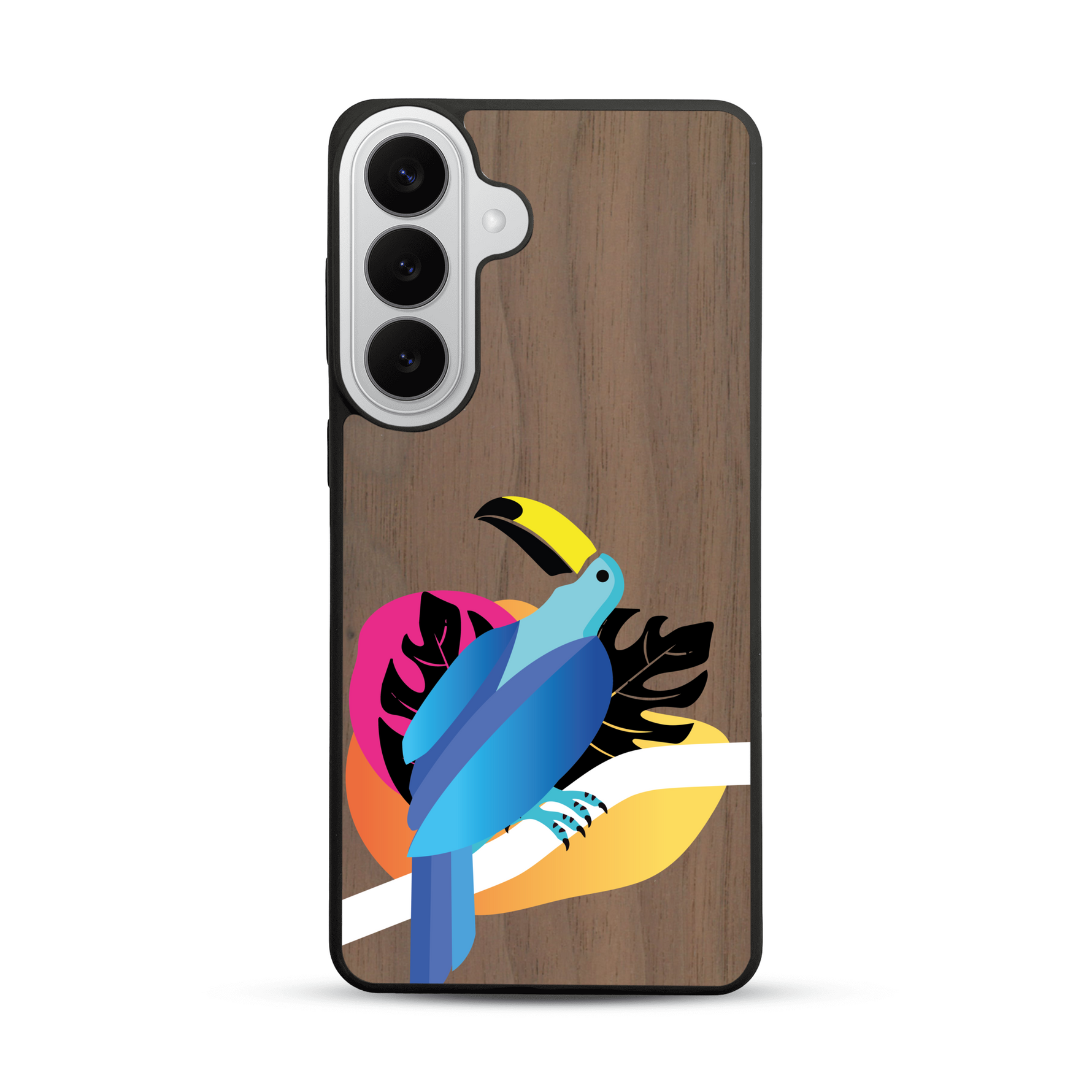 Coque de protection en bois véritable fabriquée en France pour  représentant un toucan coloré avec un design moderne et minimaliste sur le thème de la jungle et de la nature
