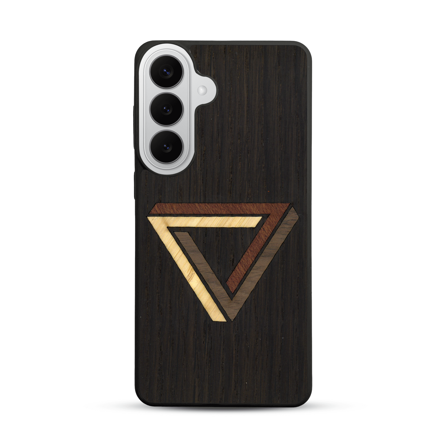 Coque de protection en bois véritable fabriquée en France pour  sur le thème de l'art géométrique qui allie du chêne fumé, du noyer, du bambou et du padouk représentant le triangle de penrose