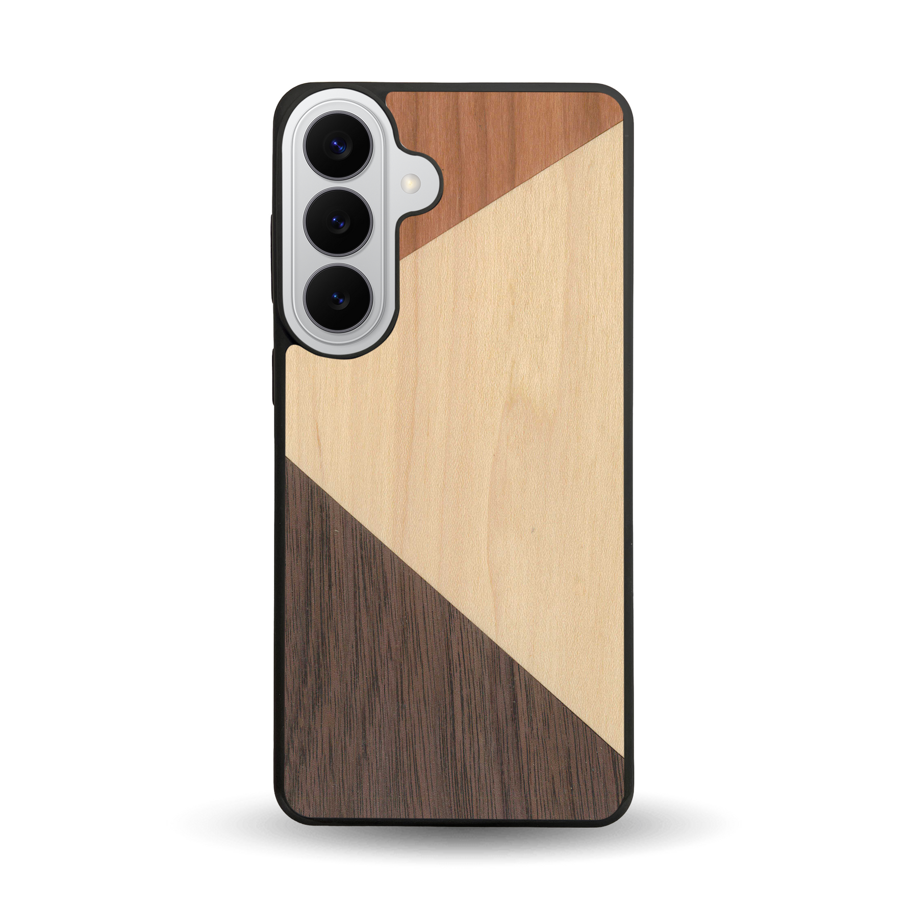 Coque de protection en bois véritable fabriquée en France pour Samsung S26+ alliant du merisier, du noyer et du bambou formant chacun deux triangles et un trapèze avec deux jointures en diagonale sur le thème de l'art abstrait