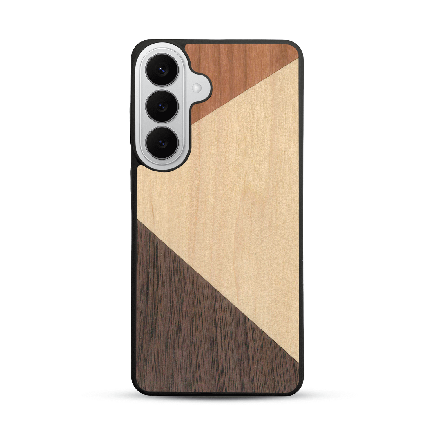 Coque de protection en bois véritable fabriquée en France pour  alliant du merisier, du noyer et du bambou formant chacun deux triangles et un trapèze avec deux jointures en diagonale sur le thème de l'art abstrait
